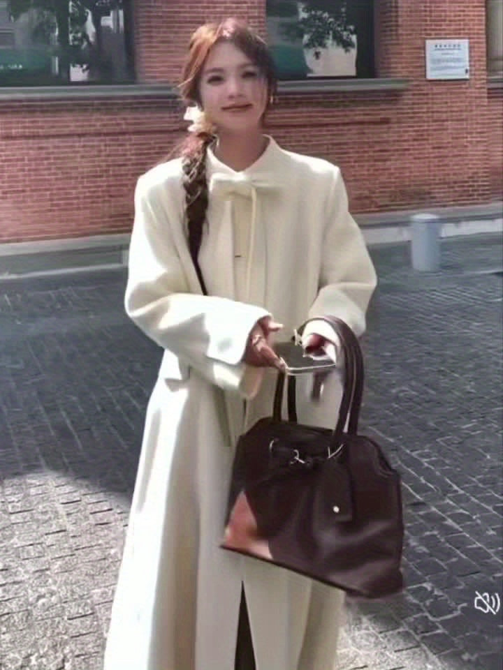 Women'S Elegant Winter Coat - \u002FNeutral Trench Coat with Front Bow, Structured Collar & Long Sleeves, Chic Office to Party Outerwear for Fall\u002FWinter