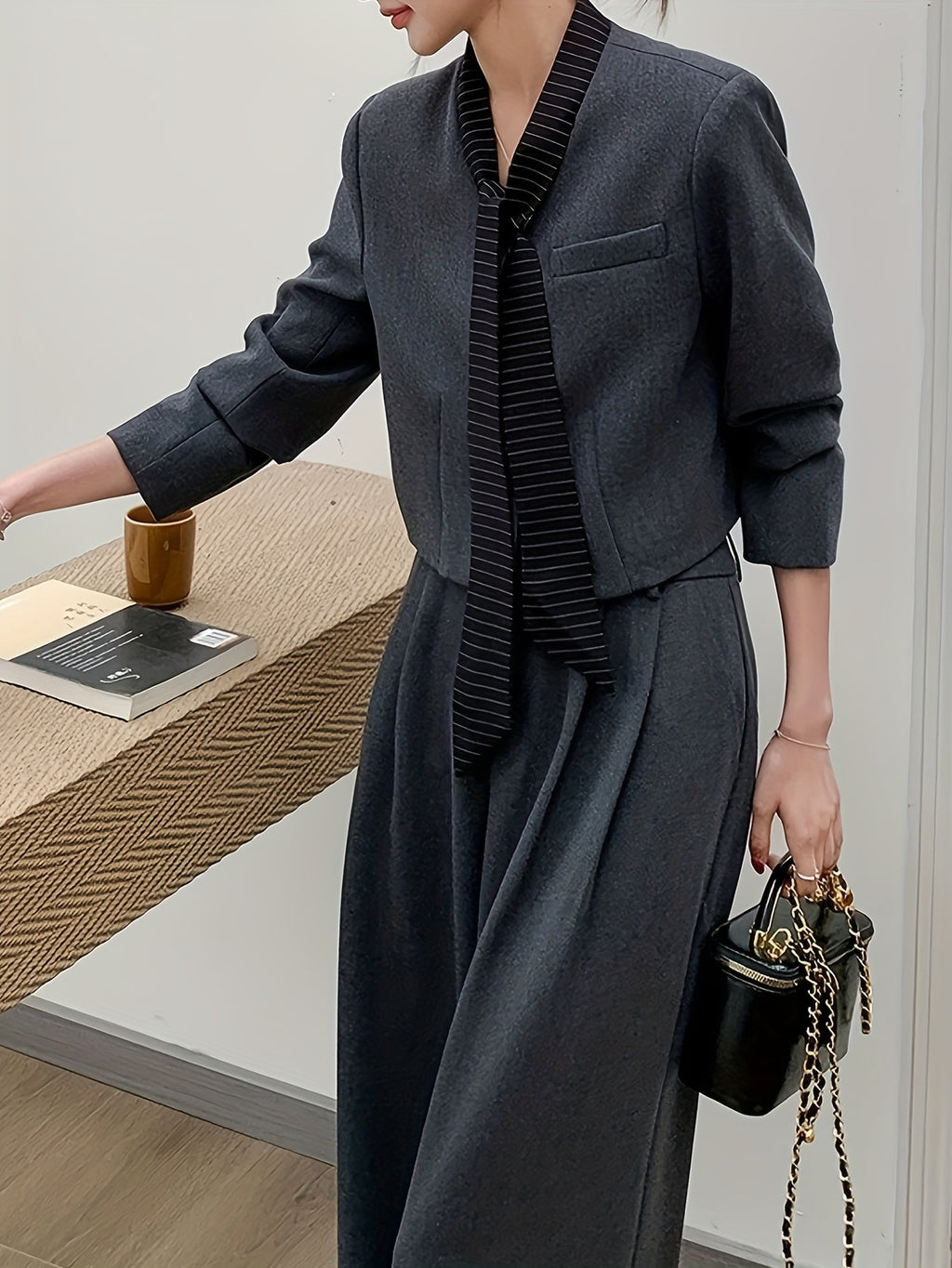 Women'S Two-Piece Autumn\Winter Elegant Commuter Suit Set - High-Waisted Wide-Leg Pants, No-Collar Short Jacket, Solid Color, Casual Style, Perfect for Fall\u002FWinter, Casual Attire|Elegant Commuter Suit|Wideleg Pants, Ladies Pantsuit