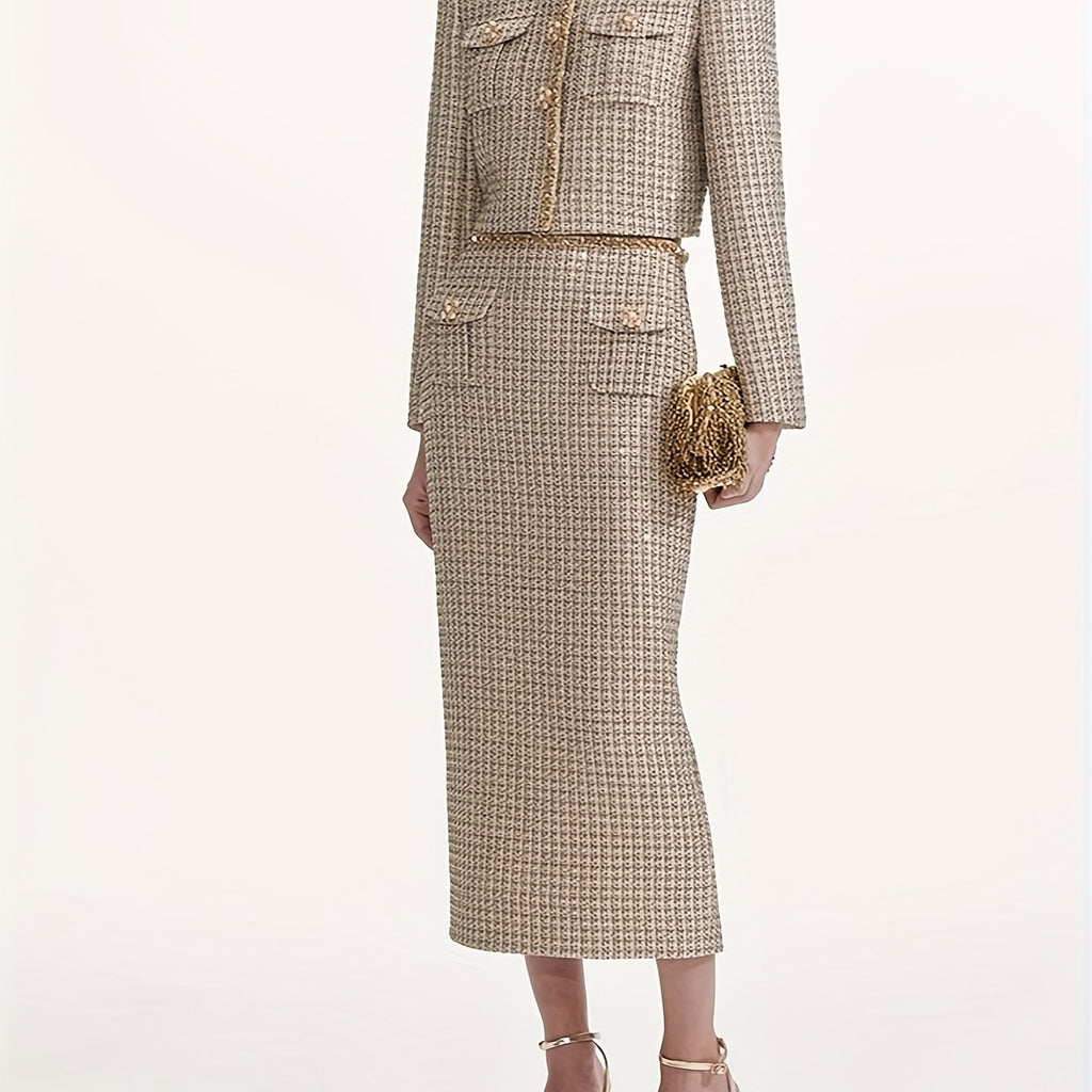 Two-Piece Set of Dazzling Evening Wear, Featuring a Delicate And Heavy-Duty Beaded Golden Tweed Skirt And a Midi Dress Set 2902.