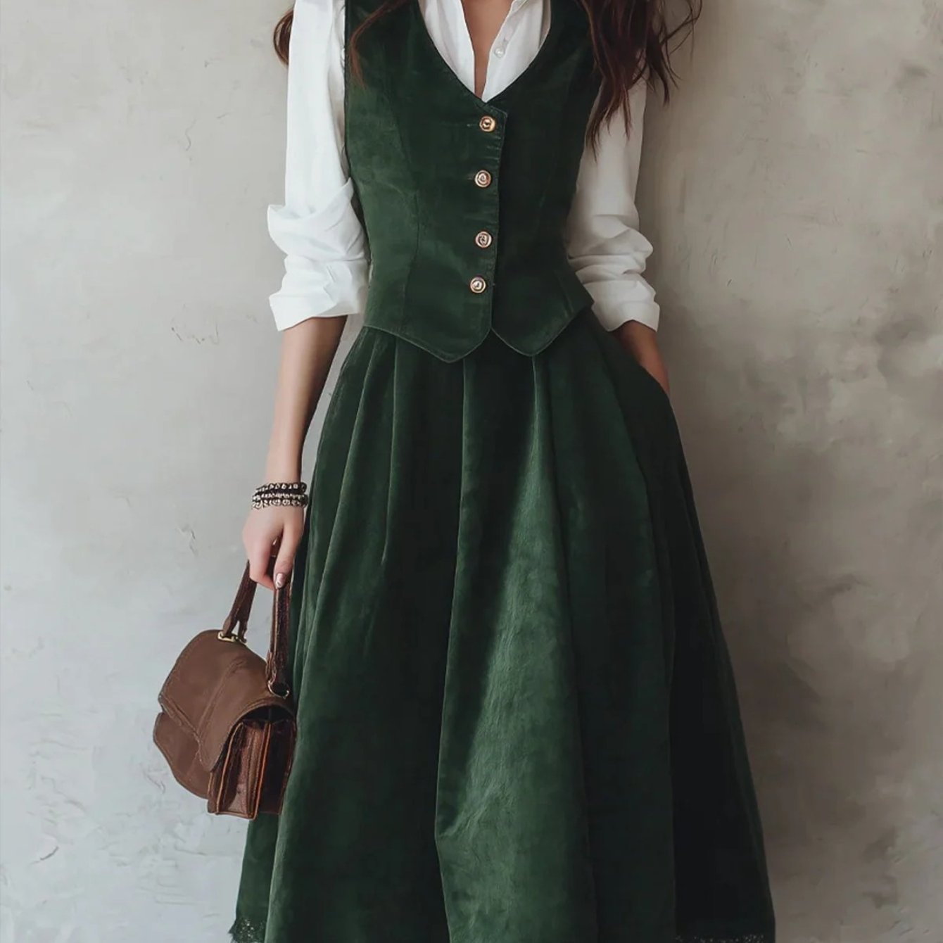 2pcs Women's Dark Green Velvet-Like Vest & Lace-Hem Midi Skirt Set - Vintage Elegant Collar Jacket & Full Skirt Outfit for Fall\u002FWinter, Hand Washable Formal & Professional Wear, Wedding Guest or Office Attire