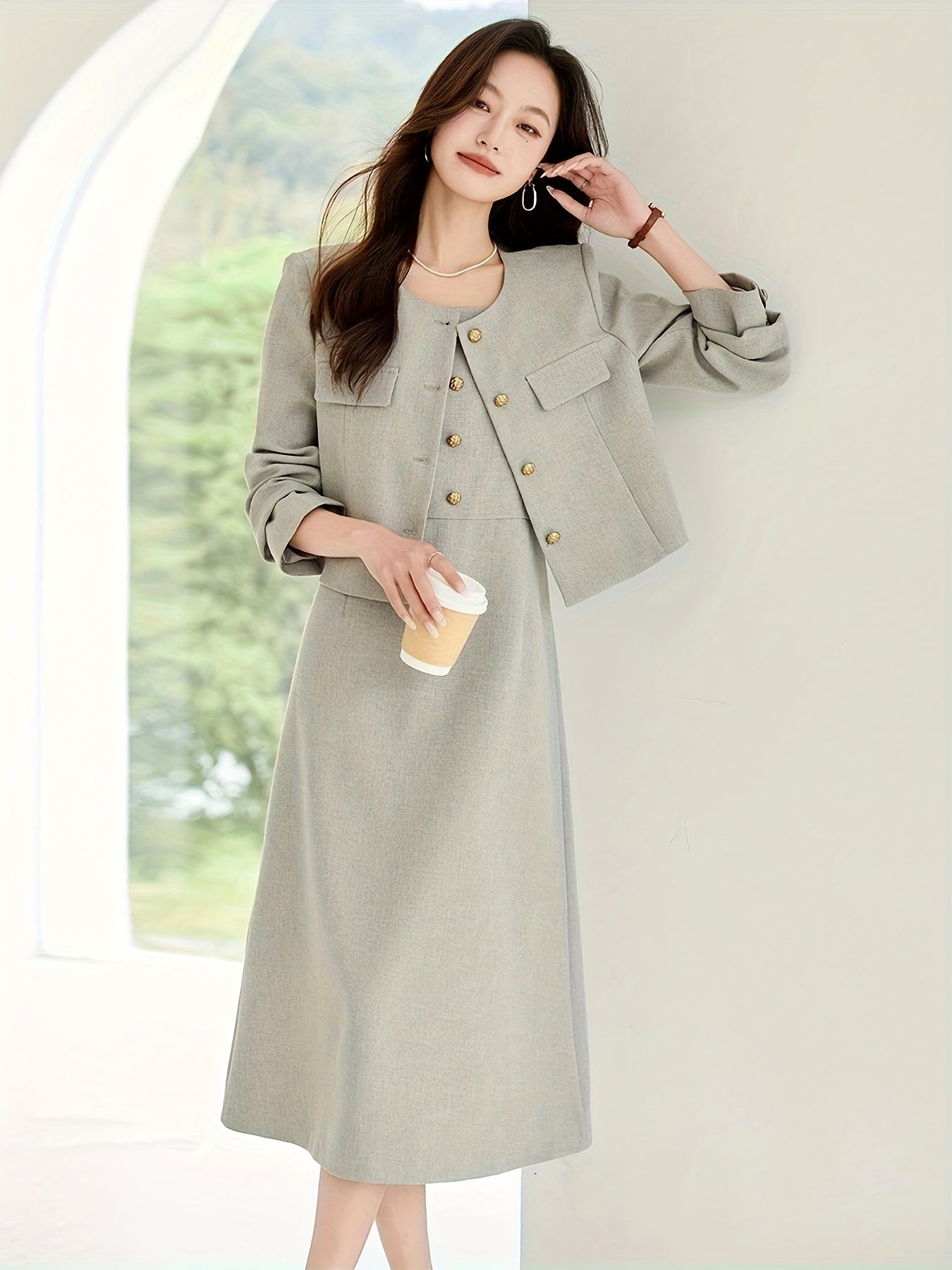 Elegant French-Inspired Two-Piece Set: Spring\u002FAutumn Long Sleeve Jacket with Waist-Cinching Design and a Skirt with Spaghetti Straps, Featuring a Button Detail, Perfect for a Chic Look