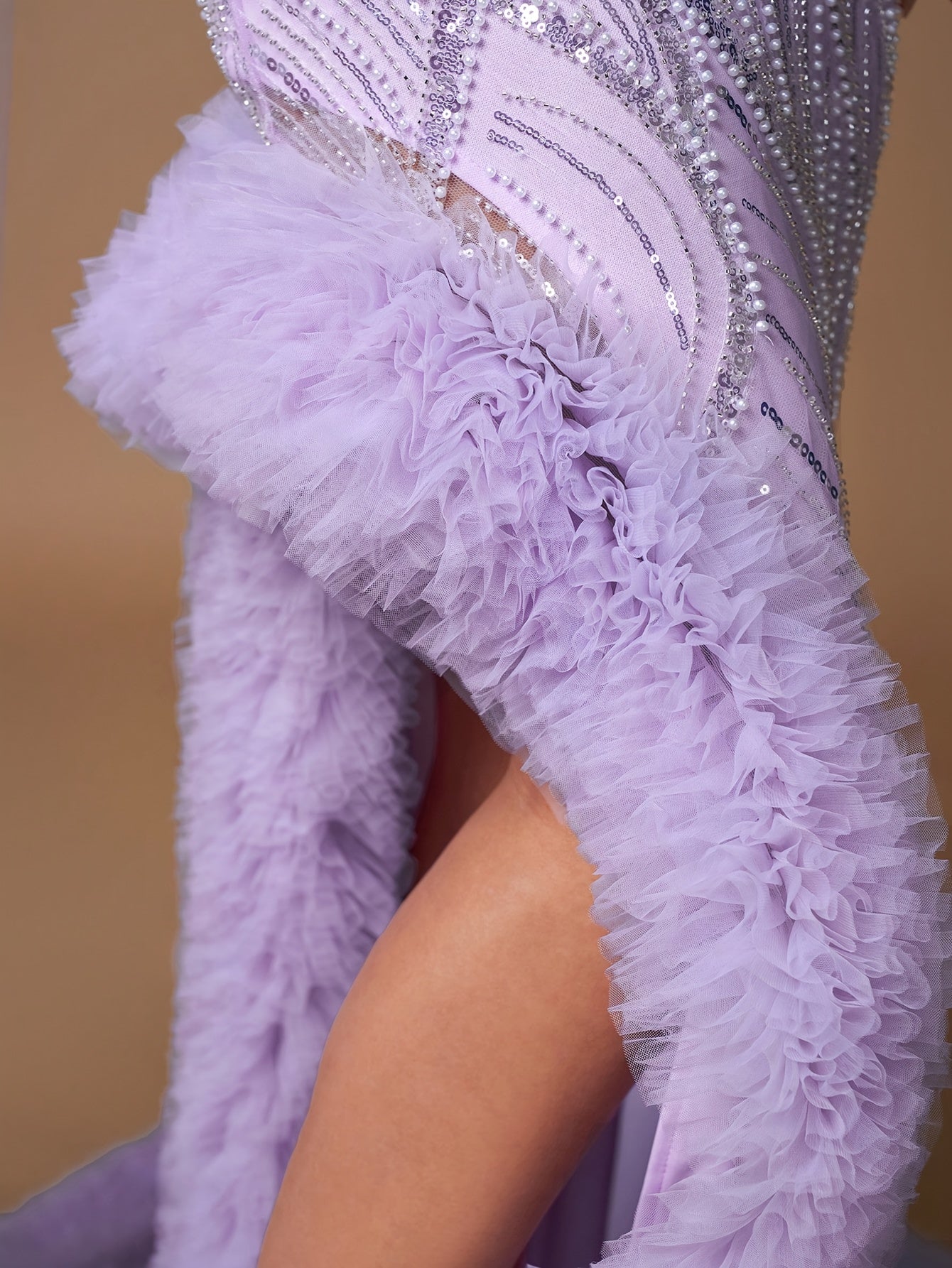 Elegant Lavender Halter Neck Evening Gown for Women | Deep V-Neck with Sequin Detail | Ruffled Lace-Up Bodice & High-Low Hem | Sheer Mesh Sleeves | Perfect for Formal Events