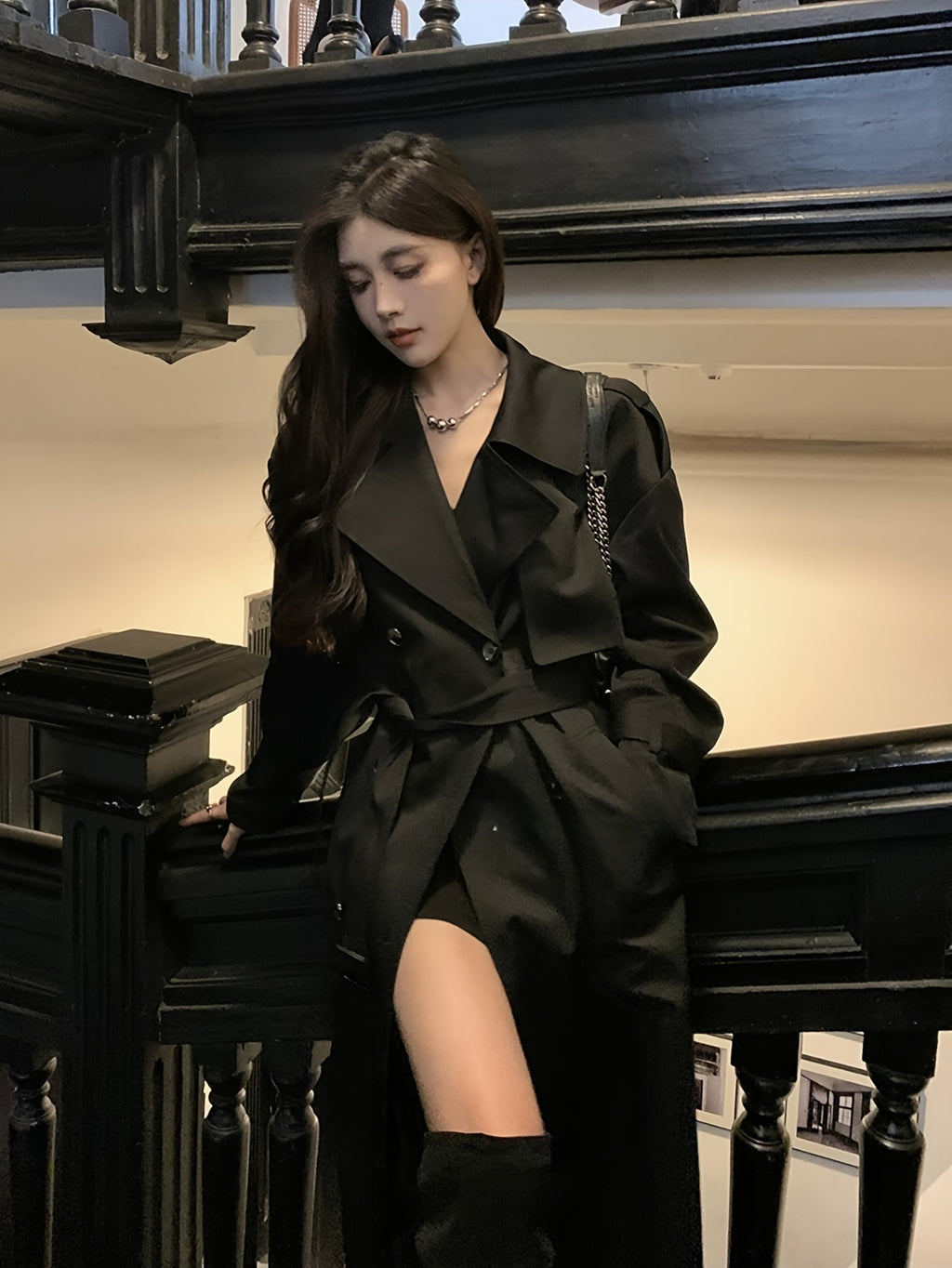 Women'S Elegant Black Lace-Up Fitted Long Coat Jacket - Chic Button-Front Closure, Non-Stretch Fabric, Loose Fit, Perfect for Fall\u002FWinter, Office, Party