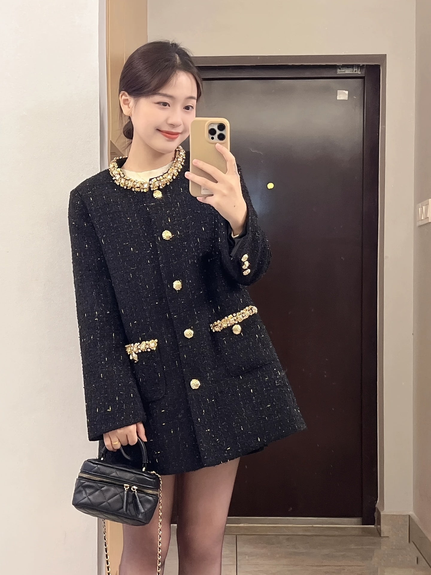 Women'S Elegant French-Inspired Beaded-Embellished Coat - Long Sleeve, Button-Up Front, Mid-Length, Solid Color, Perfect for Fall\u002FWinter, Casual to Formal Wear, Casual Winter Wear | Frenchinspired Coat | Coat