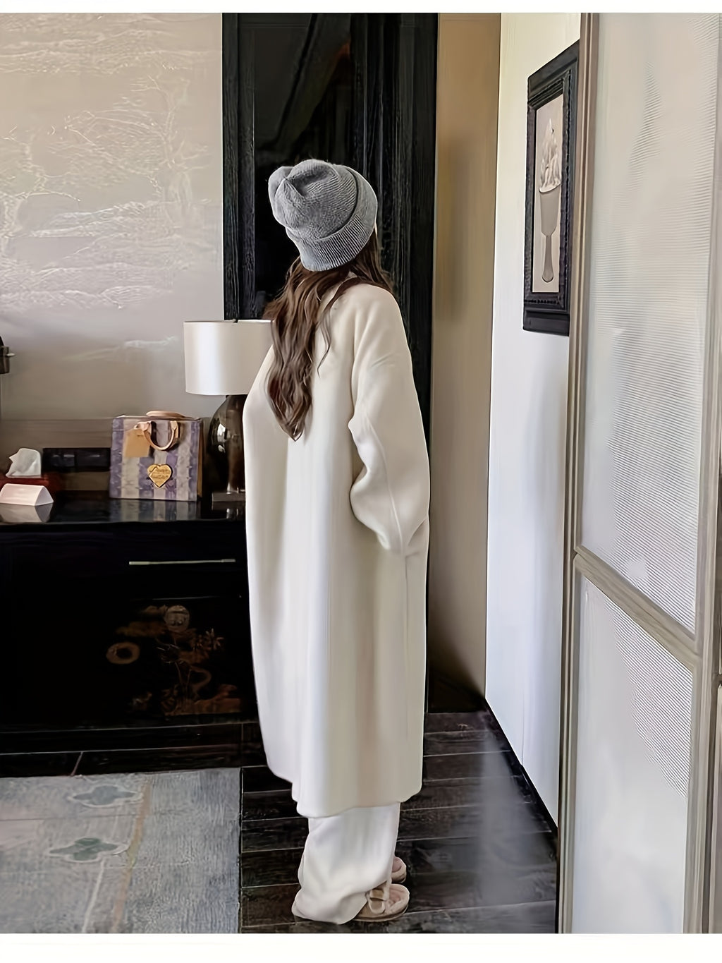 Women's Elegant Thickened Tweed Coat Double-Breasted Button Front Long Loose Fit Winter Jacket - \u002FBeige for petite, Smart Casual Outerwear (Hand Washable) Spring\u002FAutumn Clothing