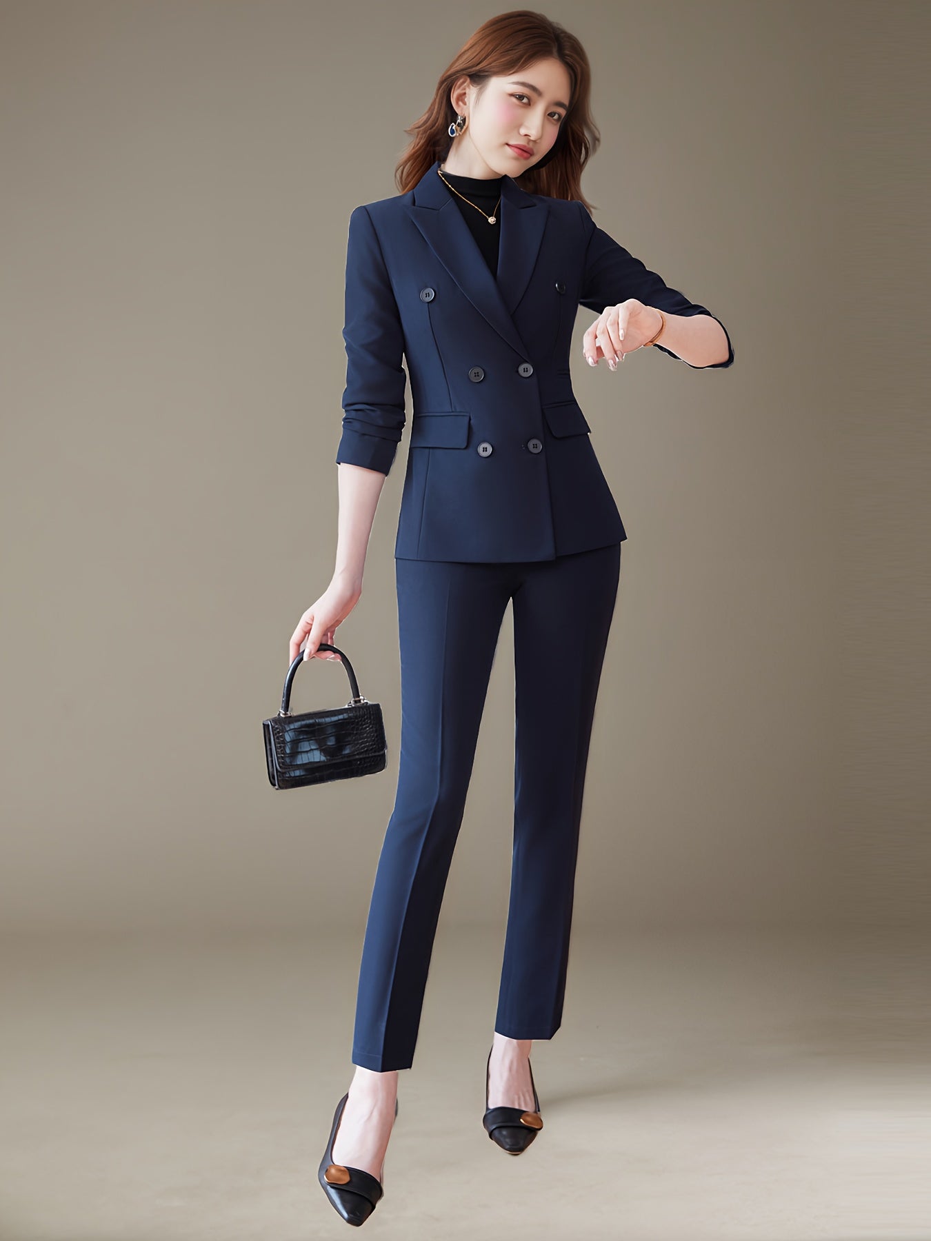 Fashionable and Simple Commuter Women's Suit Set with Double-Breasted Elegant Slim-Fit High-End Suit Pants Two-Piece Set