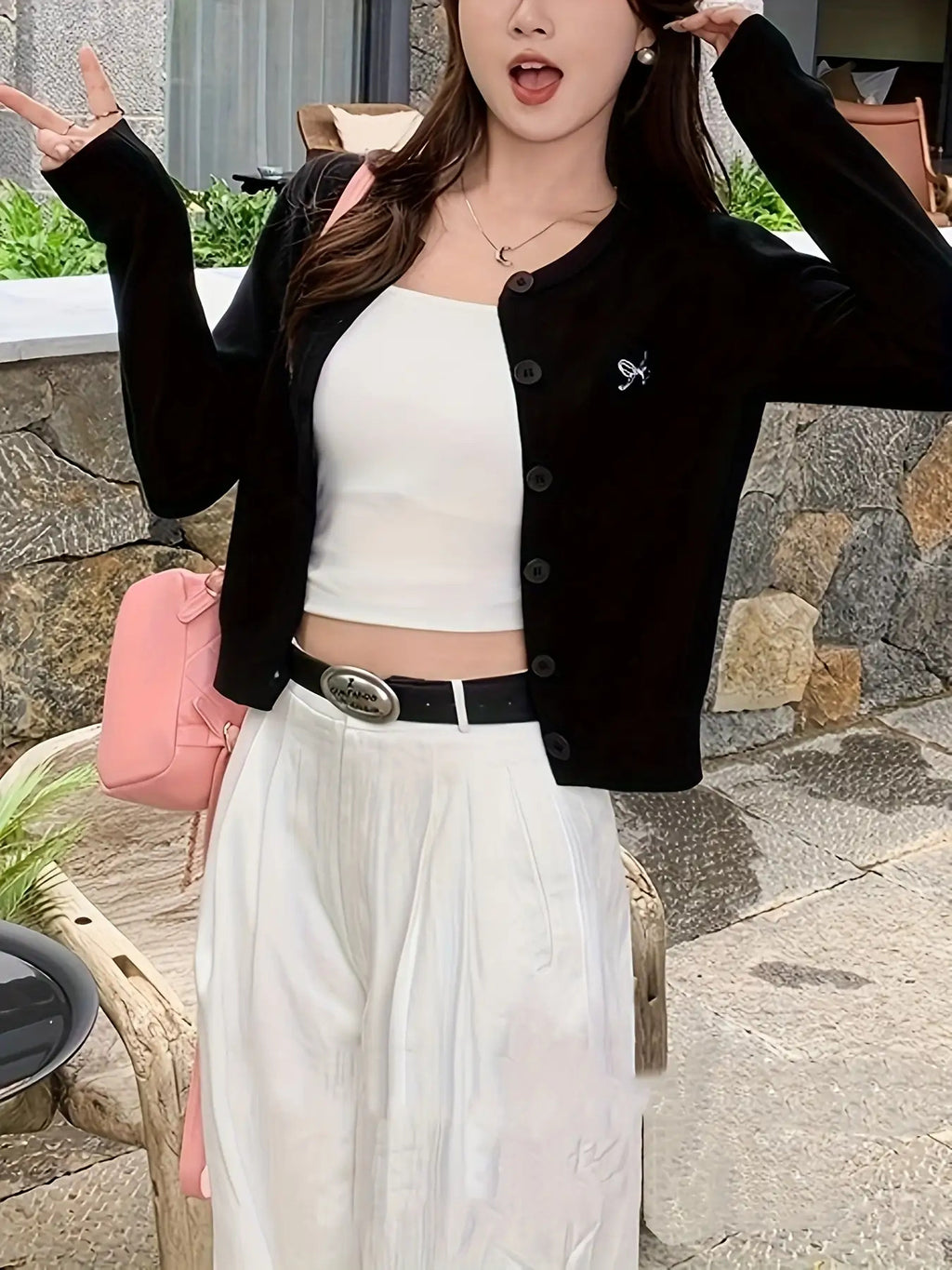 Women's Korean Style -Embroidered Cardigan Jacket - 4 Colors (White\u002FBlack\u002FNavy\u002FBeige) | Short Slim-Fit Blazer-like Coat with Collar & Golden-Tone Buttons | Spring\u002FFall Layering for Casual, Office & College Wear