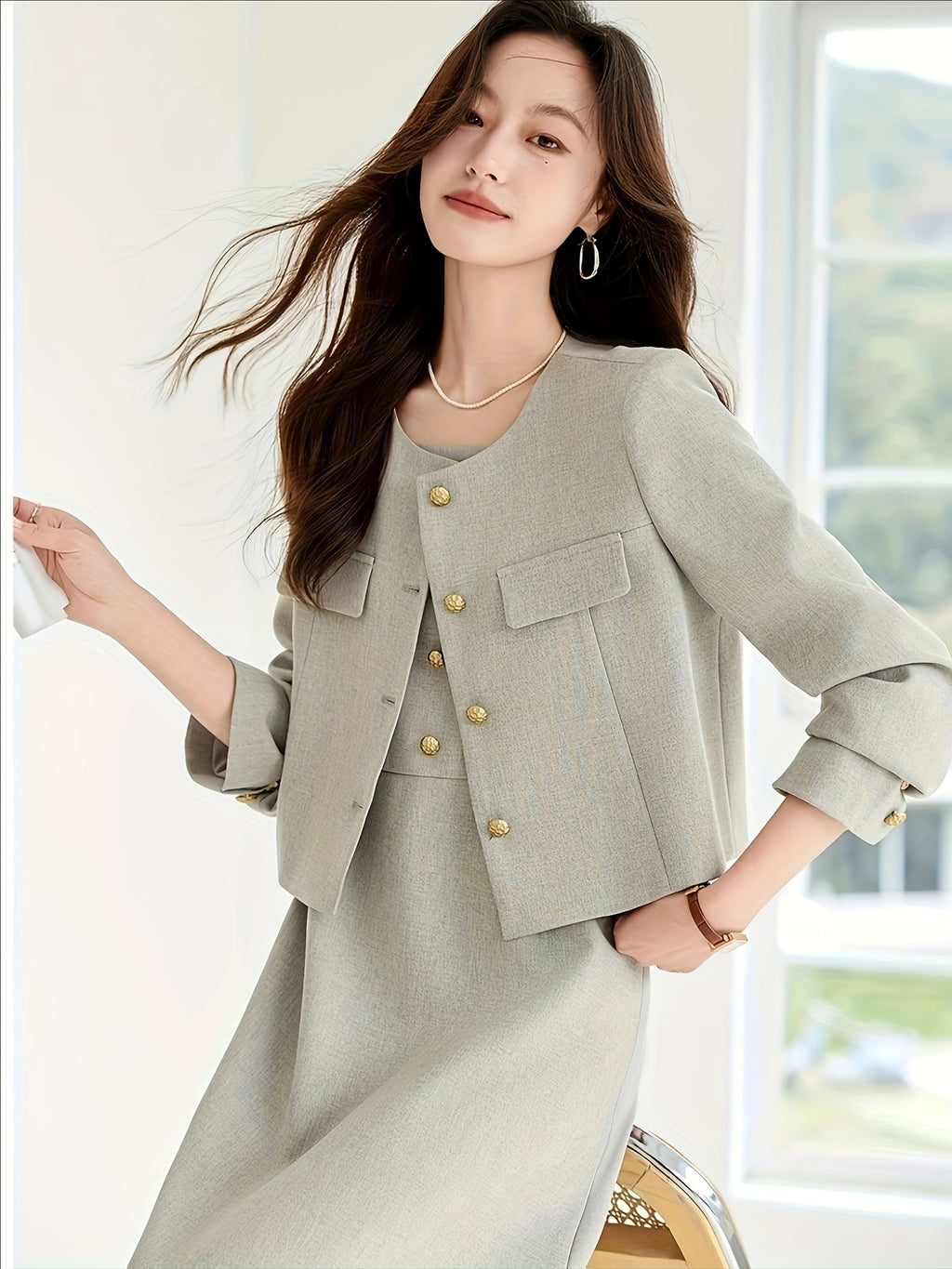 Elegant French-Inspired Two-Piece Set: Spring\u002FAutumn Long Sleeve Jacket with Waist-Cinching Design and a Skirt with Spaghetti Straps, Featuring a Button Detail, Perfect for a Chic Look
