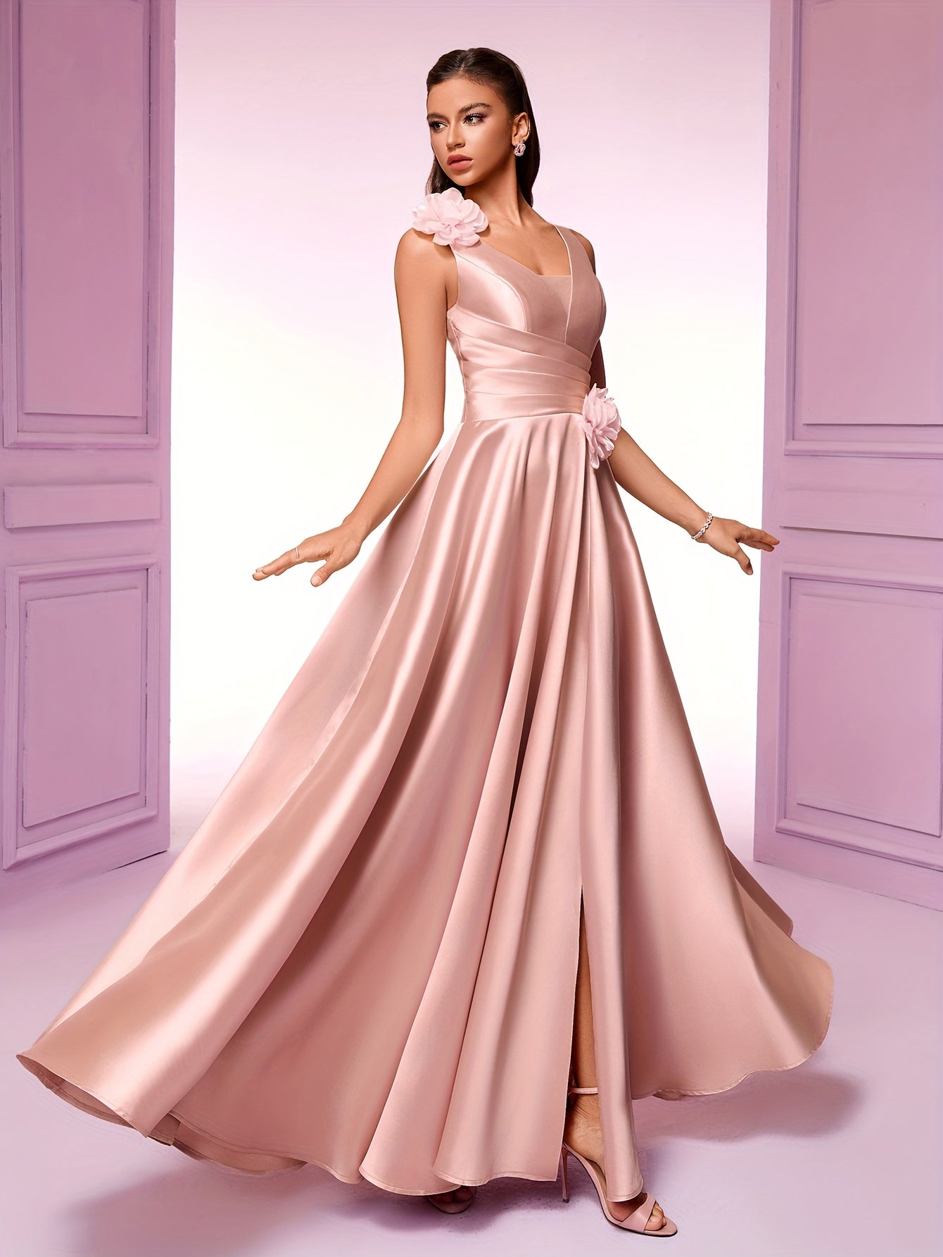 Elegant Women'S Sleeveless V-Neck Gown with Floral Waist Detail - High Waist, Flowing Silhouette, Perfect for Parties, Galas, and Formal Events, High Waist Gown