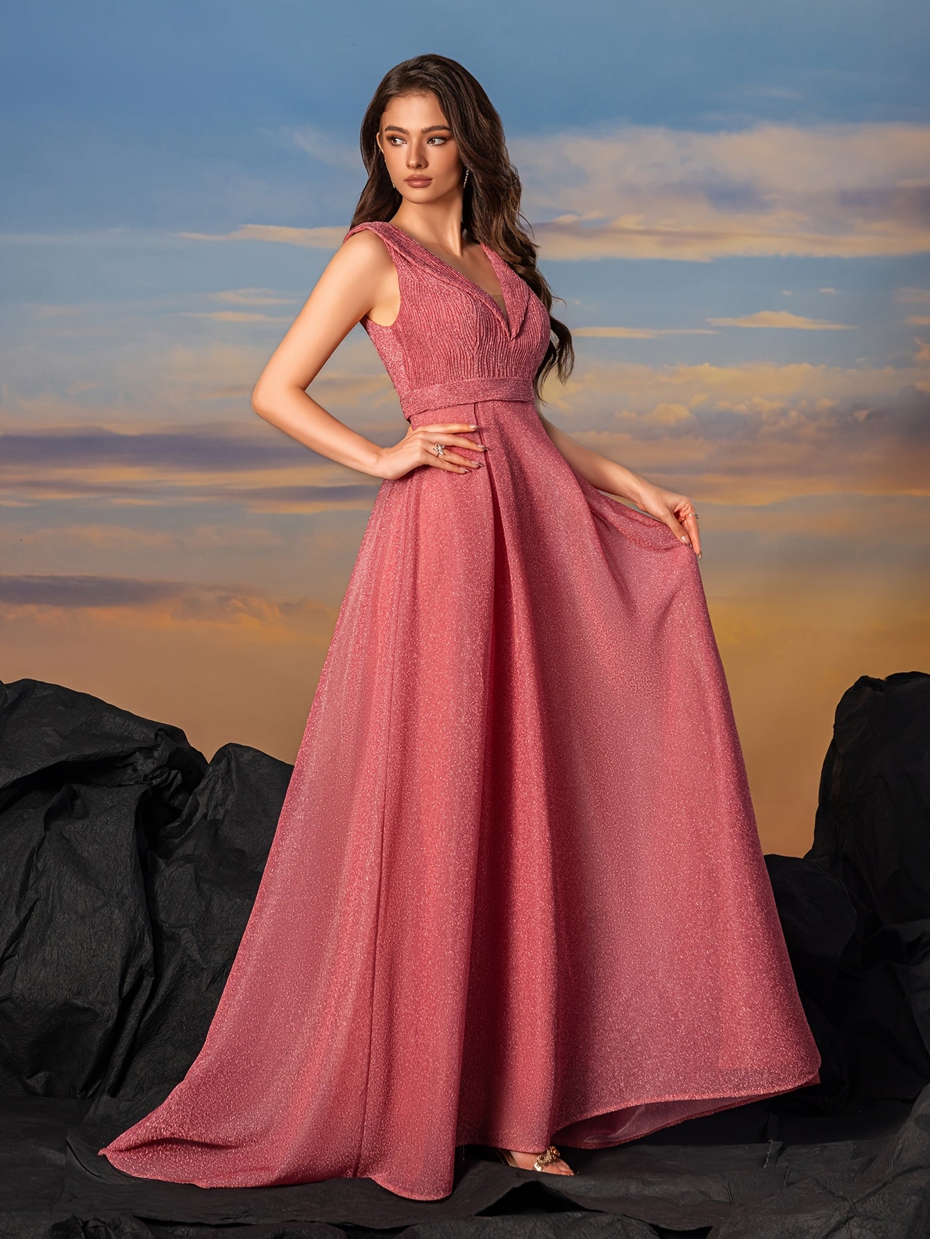 Elegant Mermaid Wedding Dress with V-Neck Lace Sleeves & Train - Long Sleeve-like Ruffled Design, A-Line -Length Gown in Soft Pink for Bridal, Prom, Special Occasions (Hand Washable)