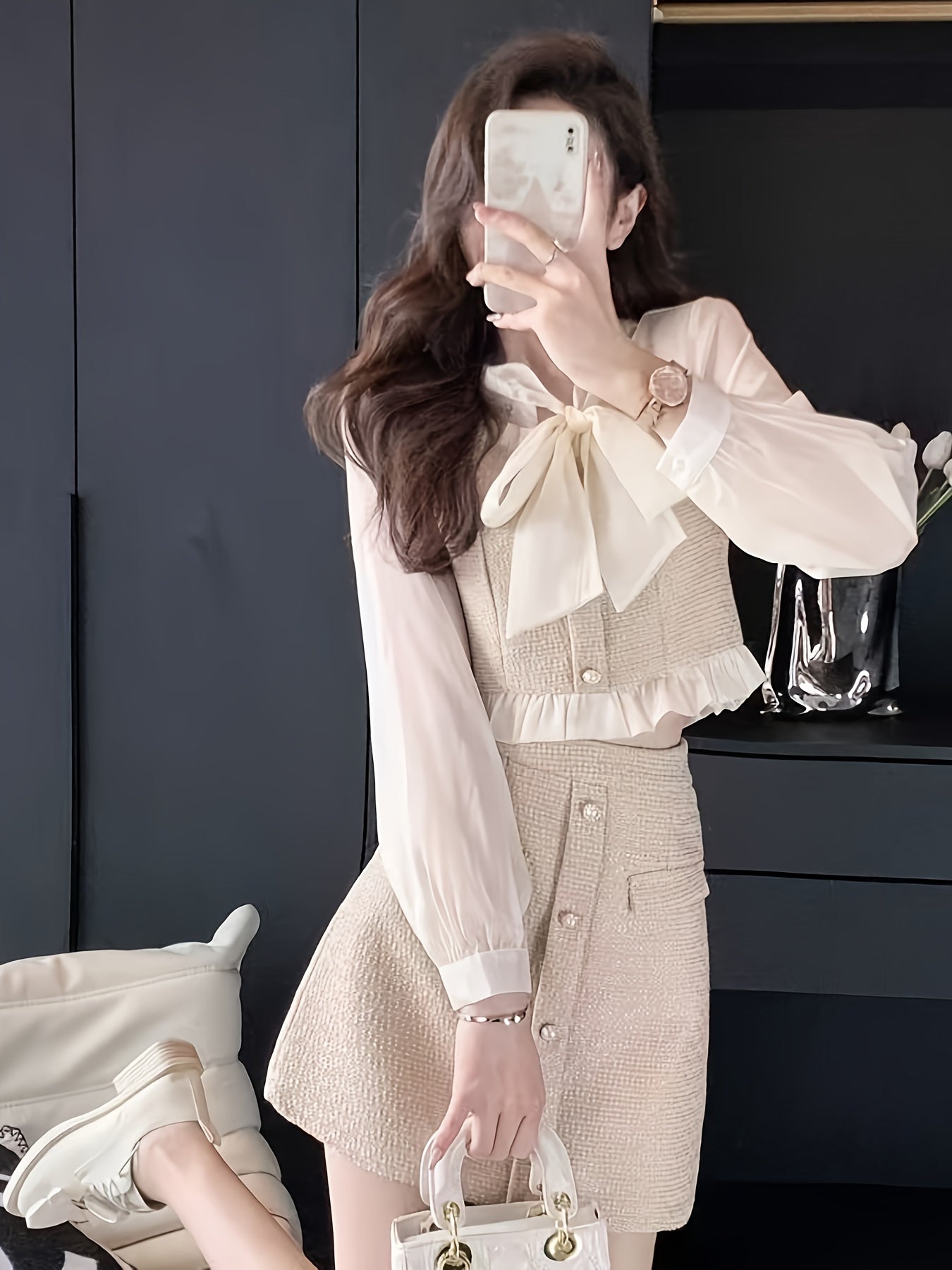 Autumn-Winter Petite Waist- Apricot Color Elegant Spliced Two-Piece Set, Autumn Outfit For Women