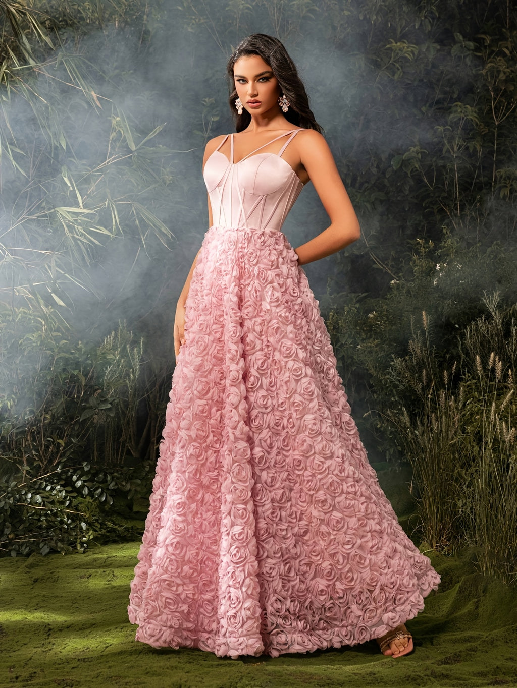 Elegant Off-Shoulder Floral Maxi Dress with Fishbone Waist Detail - Pink Rose Design, Sleeveless, Floor-Length, Perfect for Weddings & Formal Events, Wedding Guest Attire | Floral Print Dress | Polyester Fabric