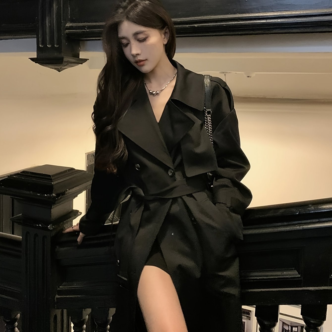 Women'S Elegant Black Lace-Up Fitted Long Coat Jacket - Chic Button-Front Closure, Non-Stretch Fabric, Loose Fit, Perfect for Fall\u002FWinter, Office, Party