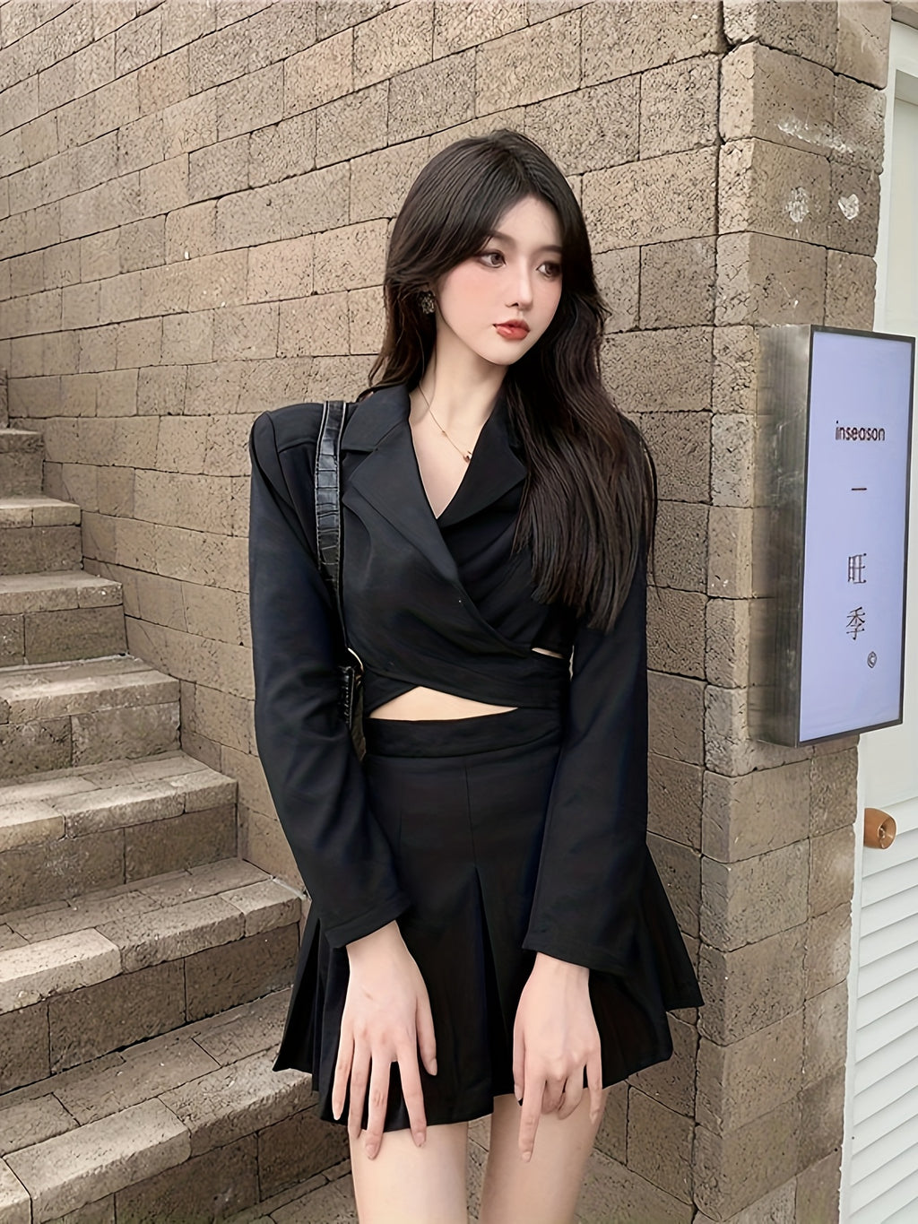Women'S Elegant Black Long Sleeve Blazer & Pleated Skirt Set - V-Neck, Cropped Blazer with Cut-Out Detail, High-Waisted Skirt, Non-Stretch Fabric, Perfect for Spring\u002FFall, Office or Casual Wear, Versatile Fashion | Vneck Blazer | Nonstretch Fabric