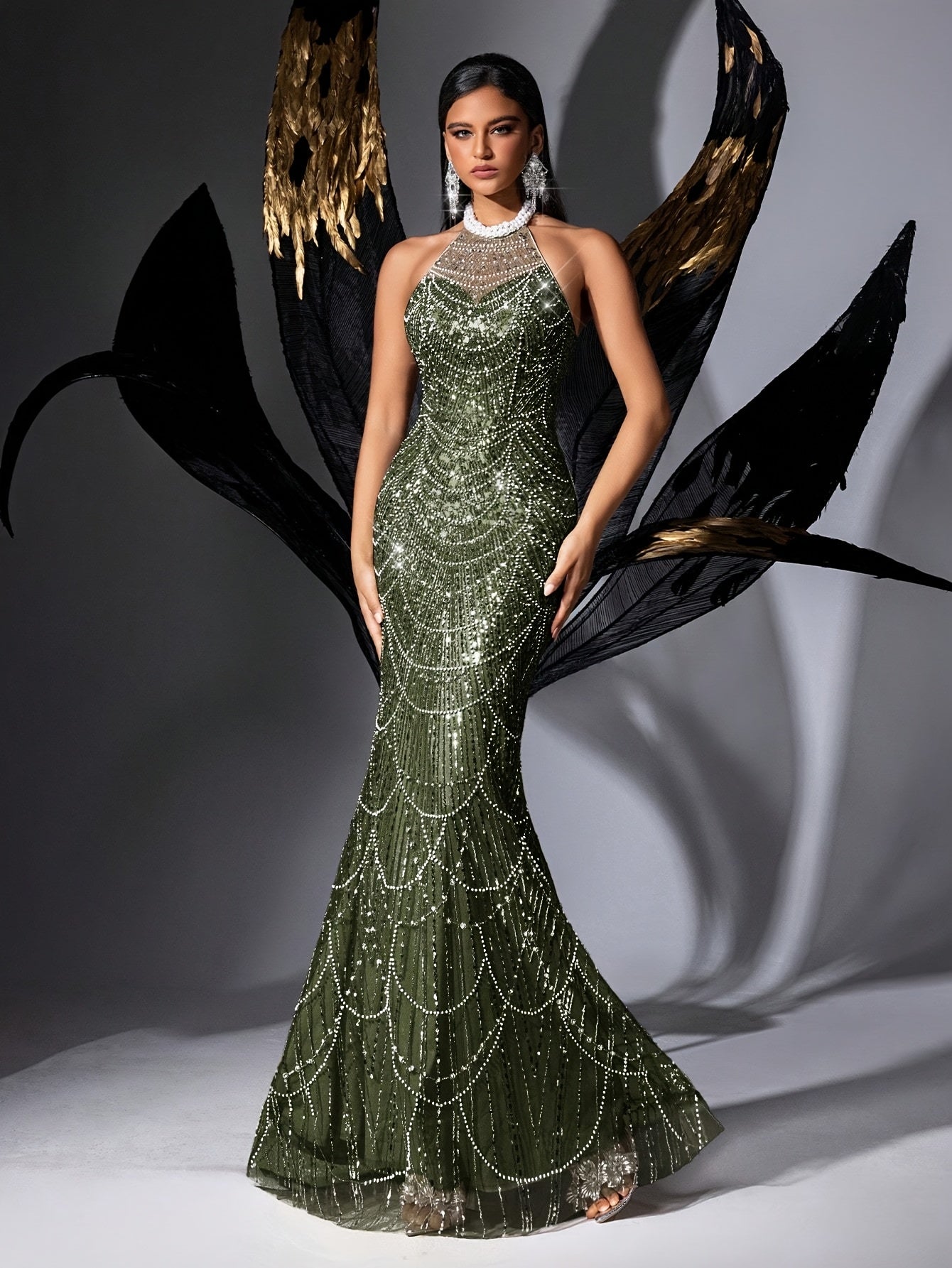 Elegant Backless Mermaid Evening Gown - Emerald Green Sequin & Lace Detailing, Round Neck Sleeveless Bodycon Dress for Women, Spring\u002FFall Formal Party Banquet