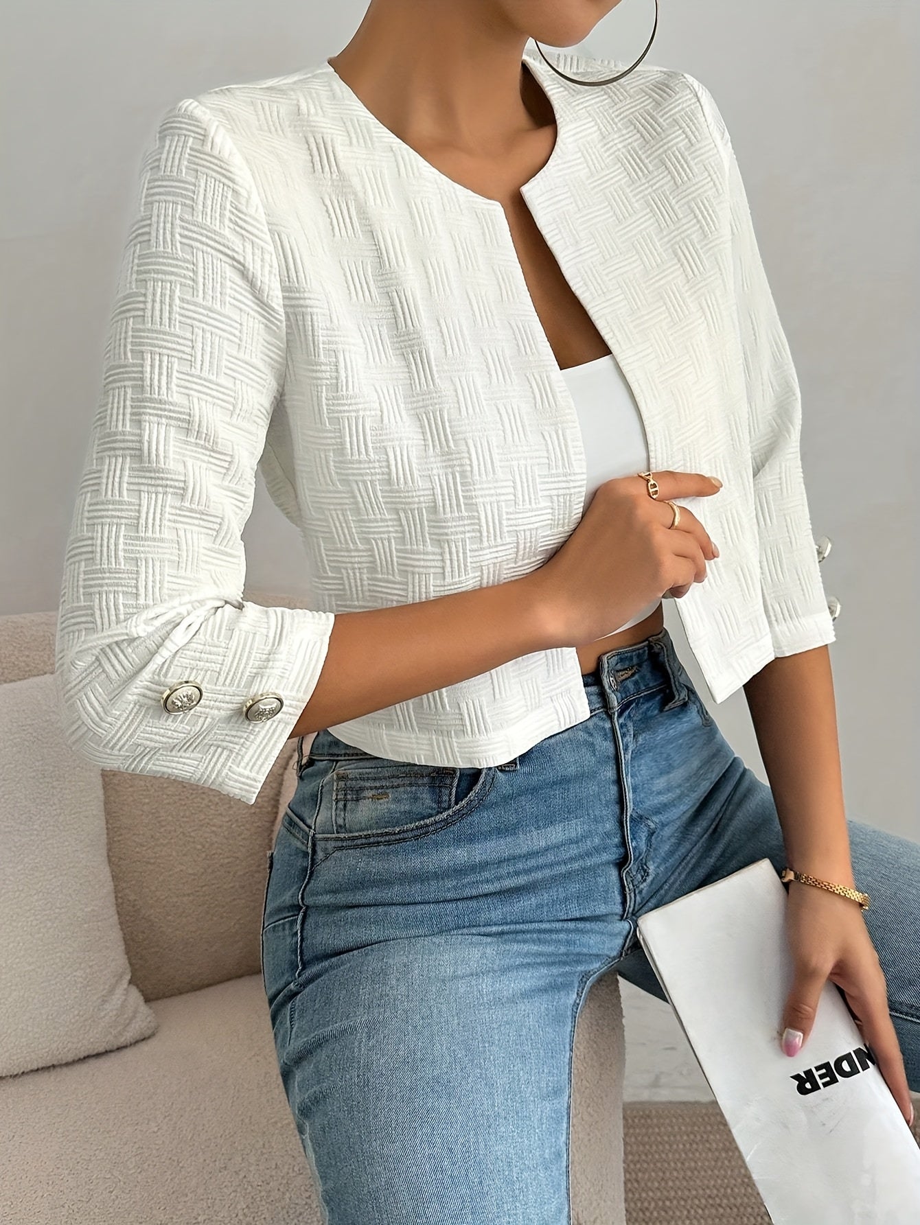 Women's Elegant Retro White Jacket - Casual Chic Cropped Three-Quarter Sleeve Open Front Blazer, Solid Color All-Season Versatile Outerwear, Stylish Layering, Sophisticated Tailoring