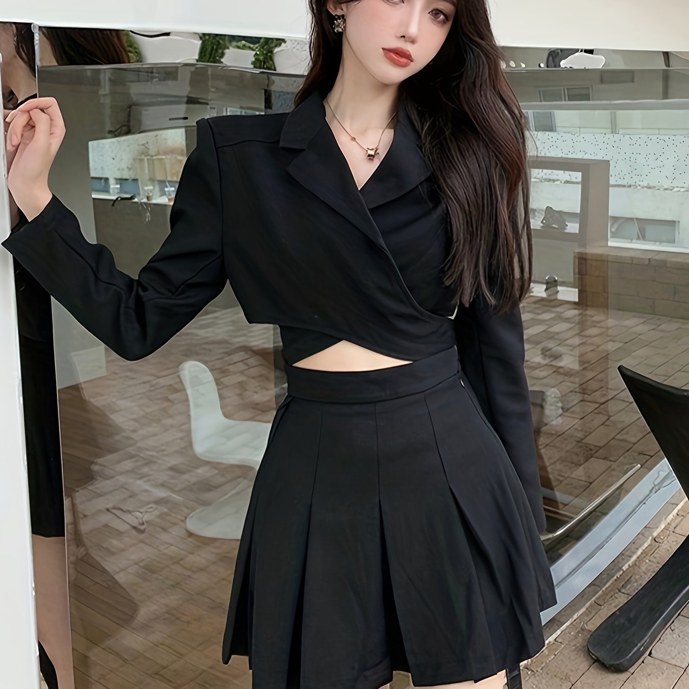 Women'S Elegant Black Long Sleeve Blazer & Pleated Skirt Set - V-Neck, Cropped Blazer with Cut-Out Detail, High-Waisted Skirt, Non-Stretch Fabric, Perfect for Spring\u002FFall, Office or Casual Wear, Versatile Fashion | Vneck Blazer | Nonstretch Fabric