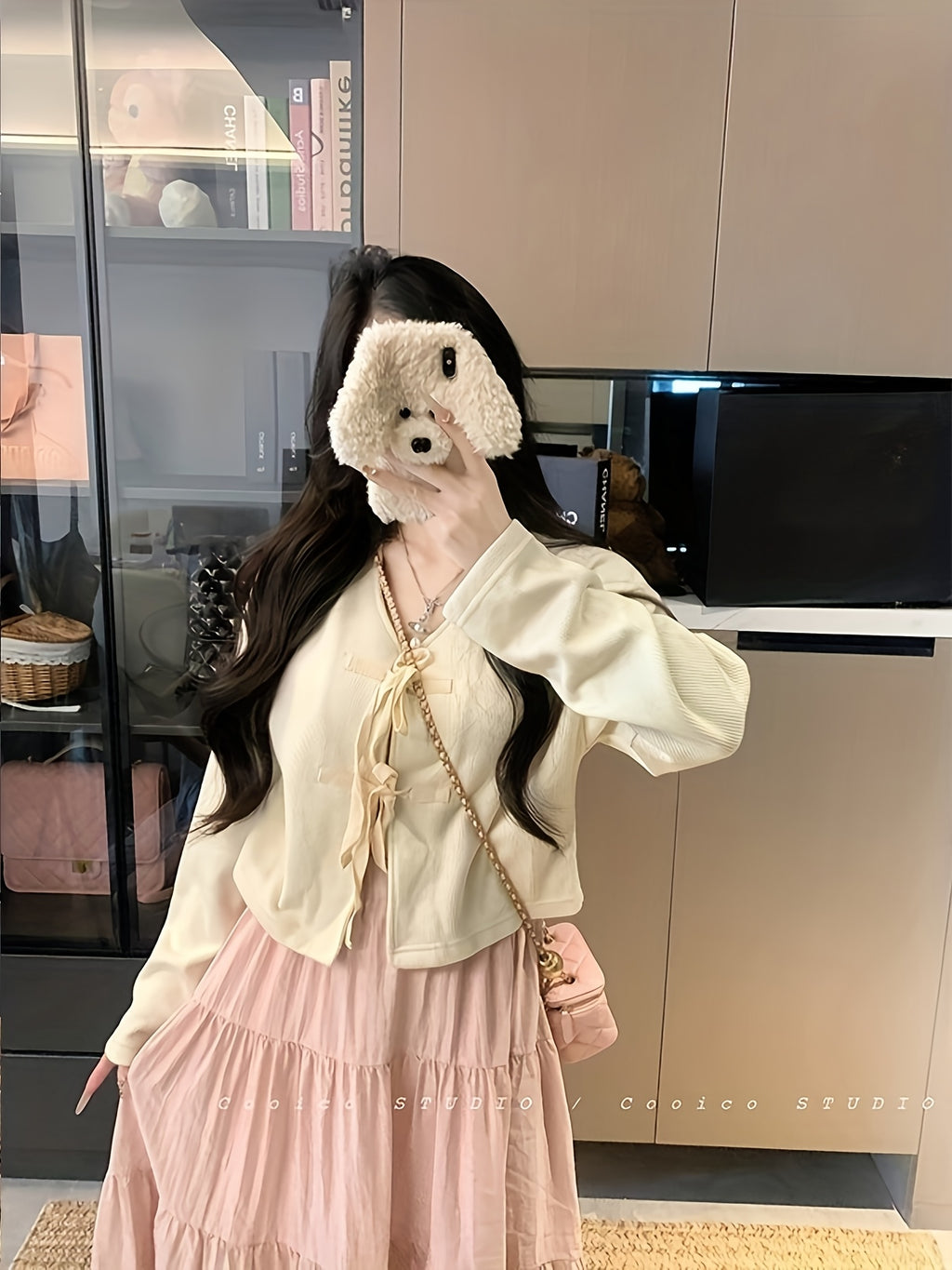 Women'S Casual Sweet Style Beige Cardigan with Bow Tie Detail - V-Neck, Long Sleeve, Button-Up Front, Ruffled Hem, Perfect for Spring & Fall, Casual Wear Cardigan | Vneck Cardigan | Construction