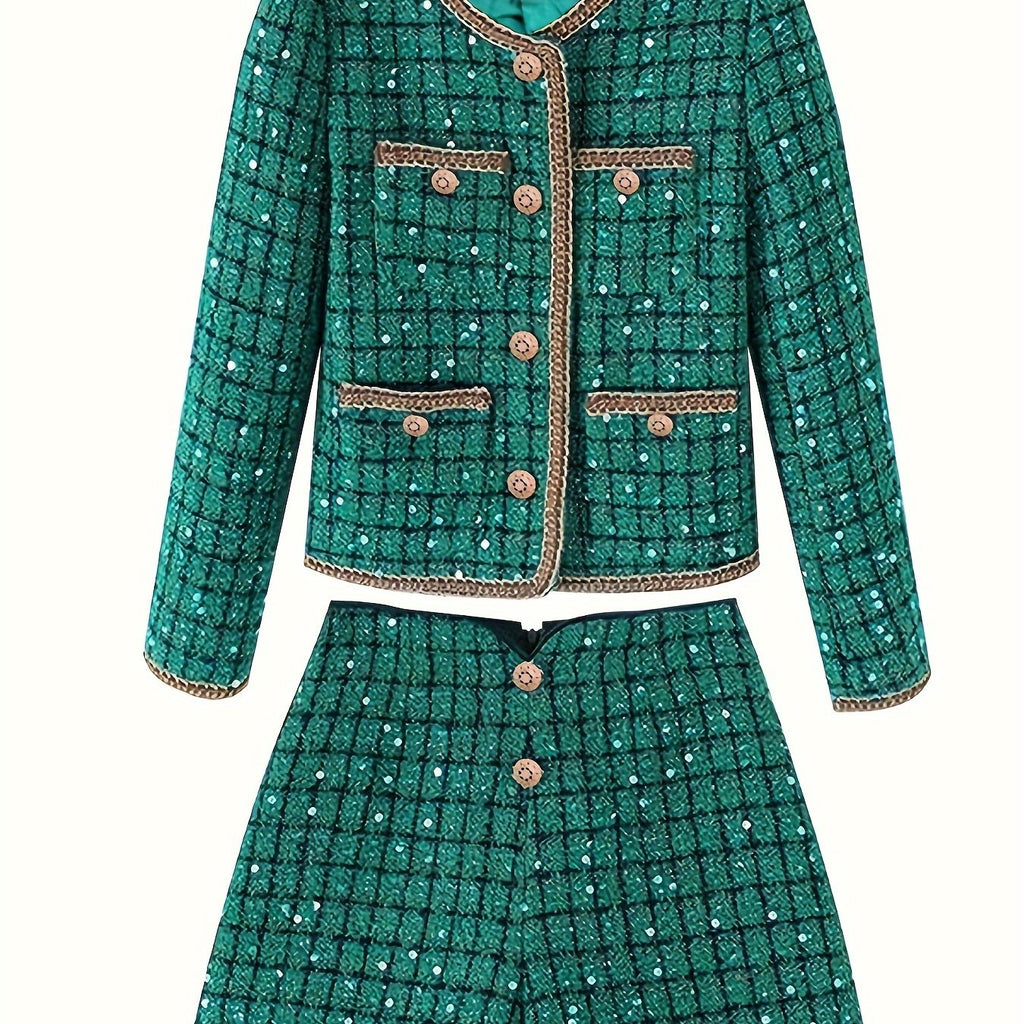 Autumn\Winter Orientation Fashionable green socialite high-end sequin retro woven lace round neck jacket + Women's shorts set