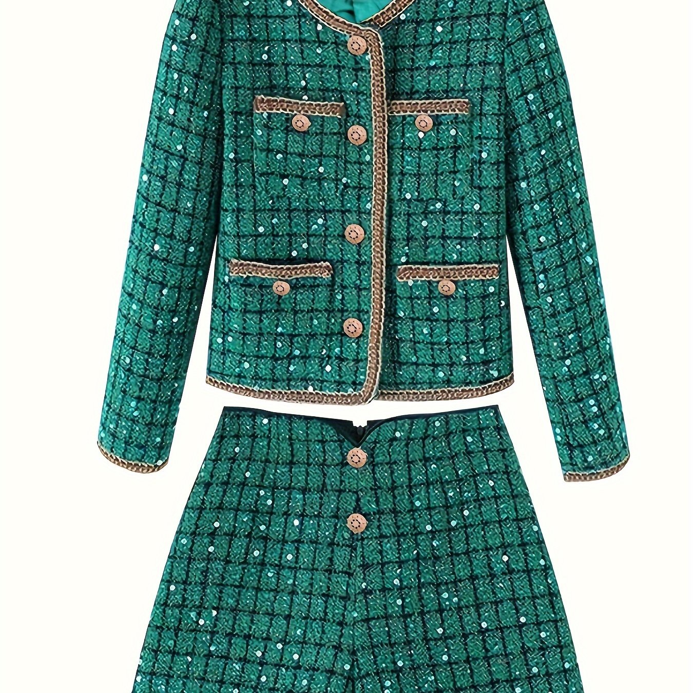 Autumn\Winter Orientation Fashionable green socialite high-end sequin retro woven lace round neck jacket + Women's shorts set