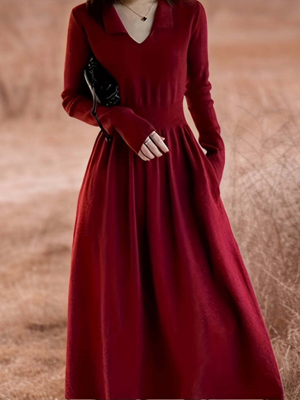 Elegant Red Dress - Long Sleeve, V-Neck, Ruched Waist, Black Beret | Polyester, Fall Winter Attire, Stylish Layering Piece