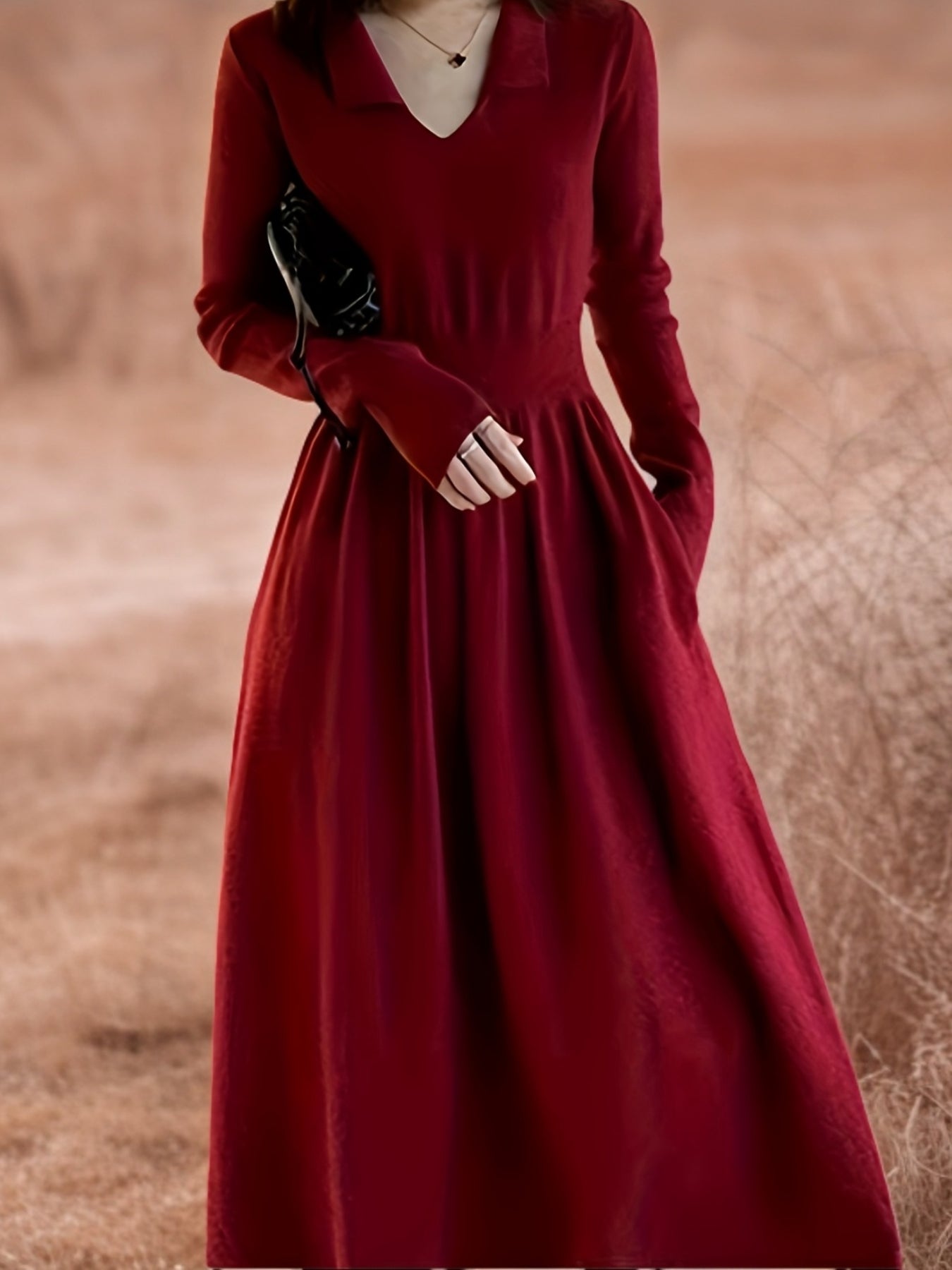 Elegant Red Dress - Long Sleeve, V-Neck, Ruched Waist, Black Beret | Polyester, Fall Winter Attire, Stylish Layering Piece