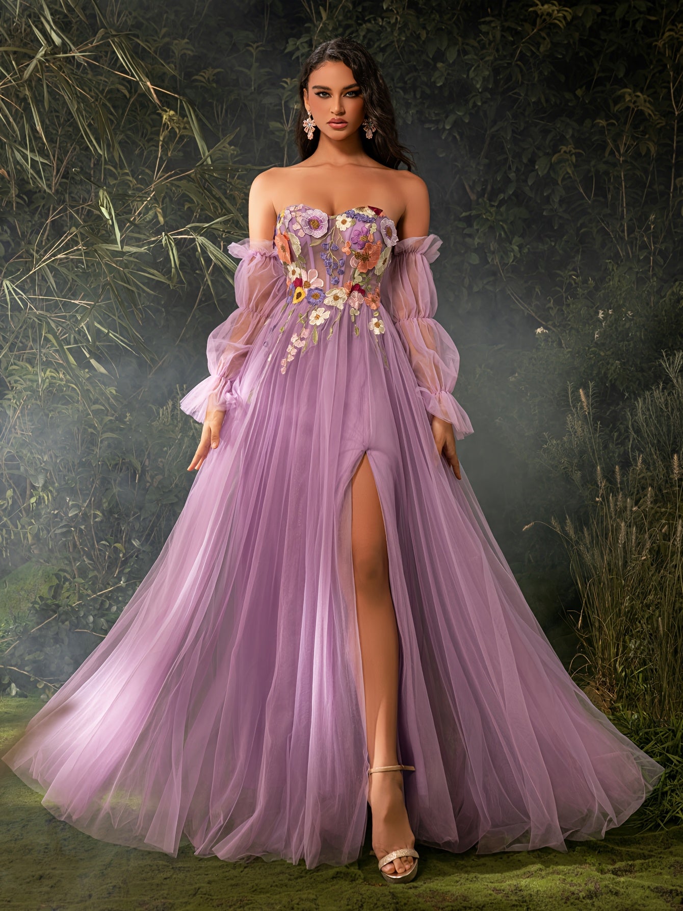 Elegant Off-Shoulder Corset Dress with Floral Embroidery & Tulle Skirt - Long Sleeve, High Slit, Floor-Length Evening Gown for Weddings, Parties, Formal Events, Wedding Guest Attire, Sophisticated Craftsmanship