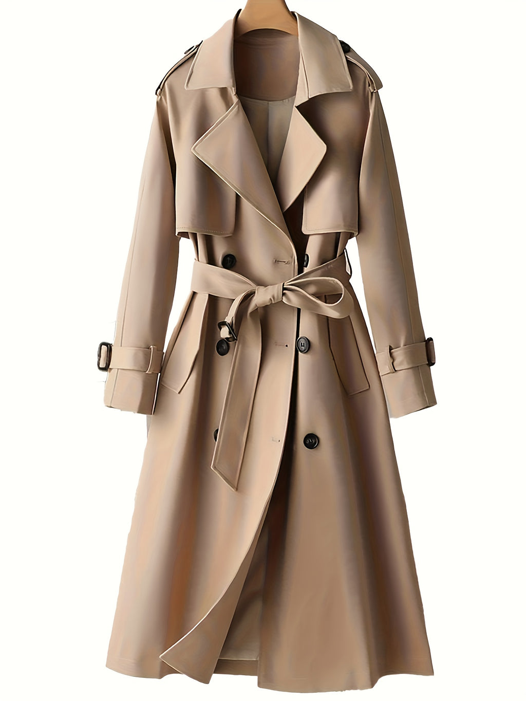 Women's Elegant Beige Trench Coat - Heavy-Duty Winter Jacket with Collar & Belted Waist, Structured Fit, Golden-Tone Button Closure, Machine Washable Classic Outerwear for, Casual & Formal Events (No Stretch)