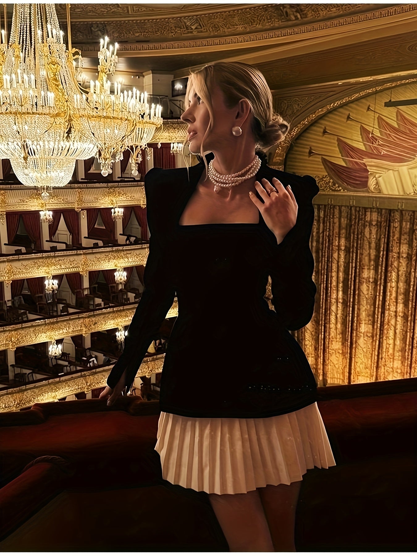 Elegant Red Long Sleeve Mini Dress with Pleated Hem - Square Neck, Fitted Top & Flared Skirt, Perfect for Fall\u002FWinter, Adult Women'S Fashion, Winter Fashion|Sophisticated Style|Polyester Fabric