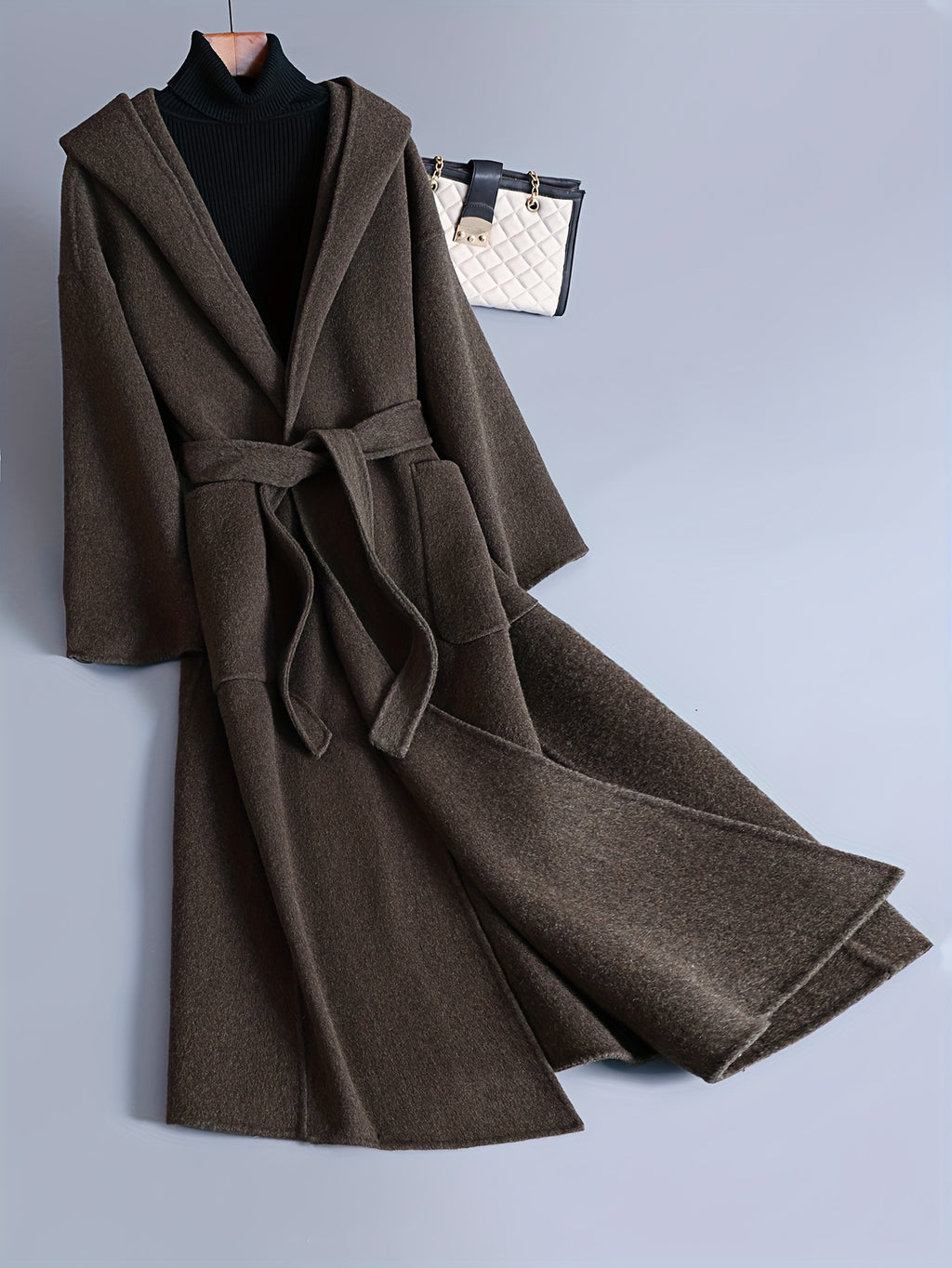 Women'S Elegant Hooded Coat - Long Formal & Everyday Outerwear, Chic Brown Winter Jacket with Front Pockets, Structured Fit for Fall\u002FWinter, Ladies Winter Coats, Fall Fashion, Sophisticated Design, Durable Fabric, Office Wear