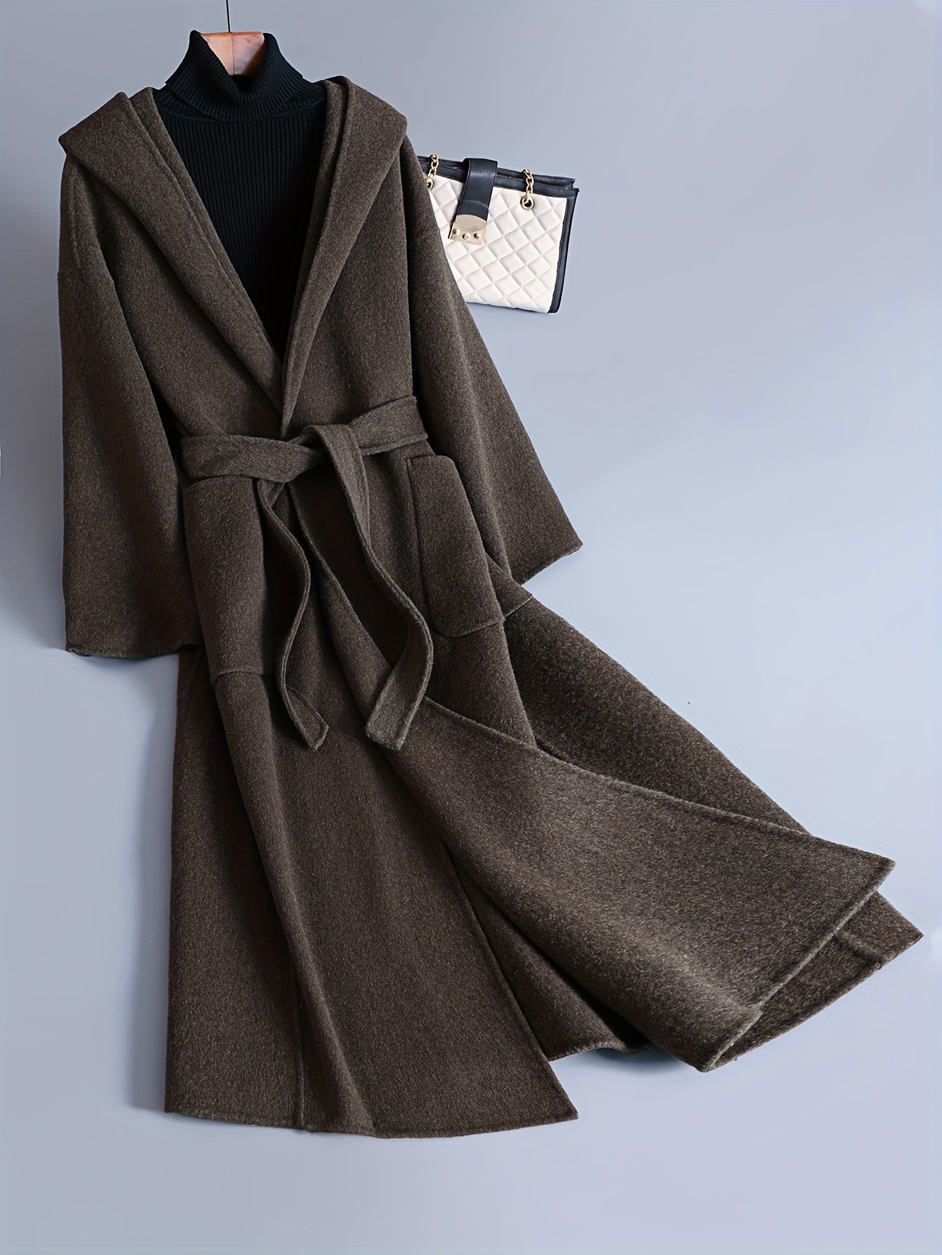 Women'S Elegant Hooded Coat - Long Formal & Everyday Outerwear, Chic Brown Winter Jacket with Front Pockets, Structured Fit for Fall\u002FWinter, Ladies Winter Coats, Fall Fashion, Sophisticated Design, Durable Fabric, Office Wear