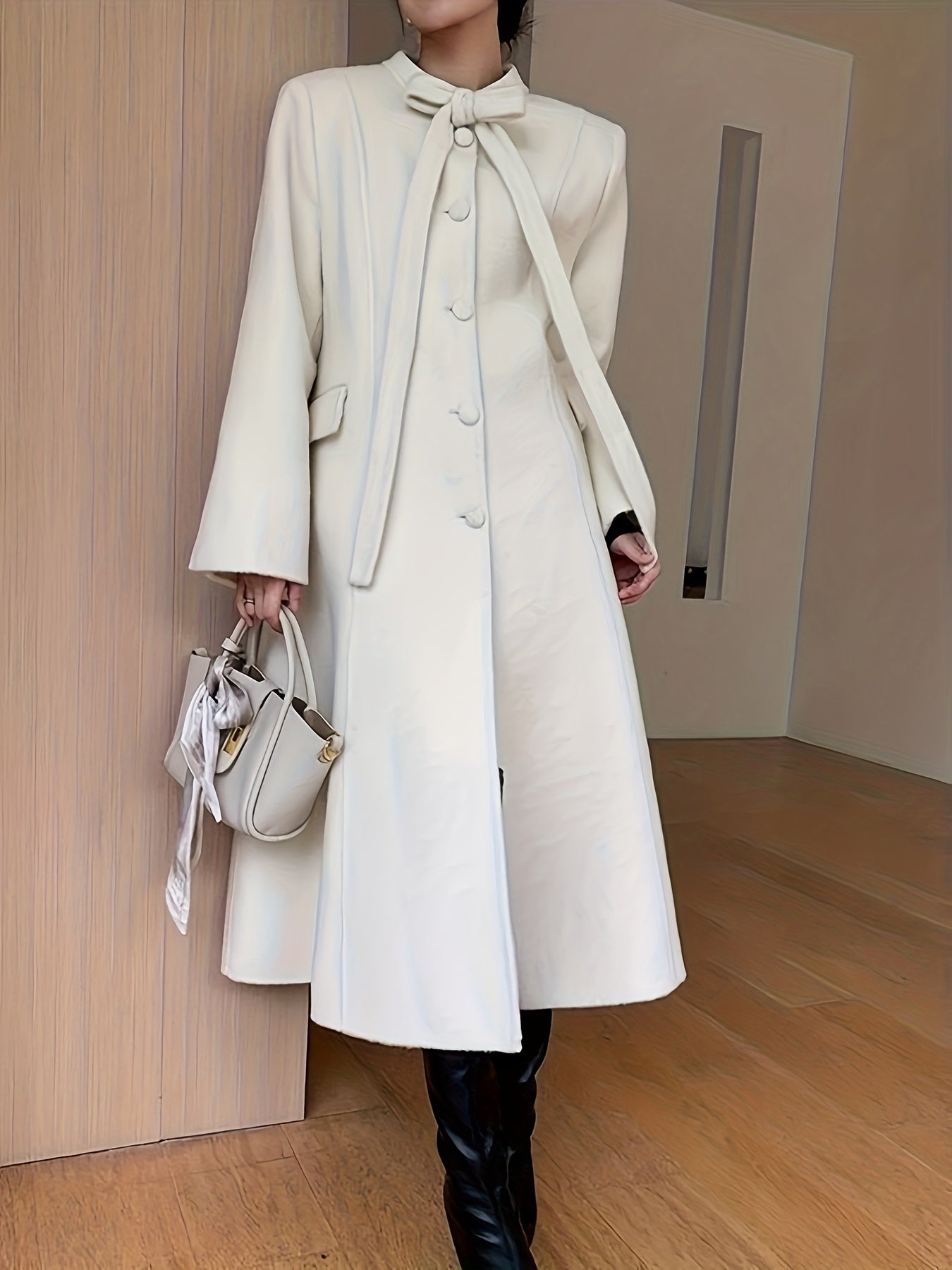 Women'S Elegant Winter Coat - \u002FNeutral Trench Coat with Front Bow, Structured Collar & Long Sleeves, Chic Office to Party Outerwear for Fall\u002FWinter