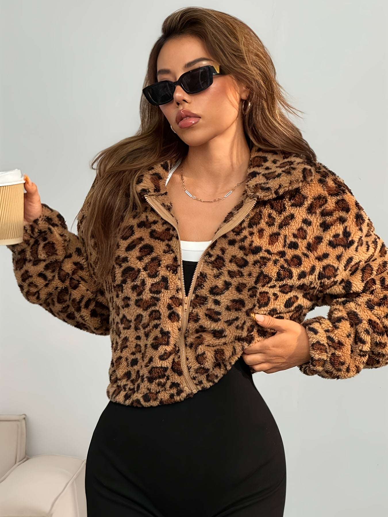 Leopard Print Winter Jacket Stylish Women's Leopard Print Jacket - Winter Coat with High Neck | Warm Outerwear in Black & Tan | Non-Transparent Fabric for Everyday & Formal Events | Fall\u002FWinter Fashion Jacket | Quality Stitching, Durable Material
