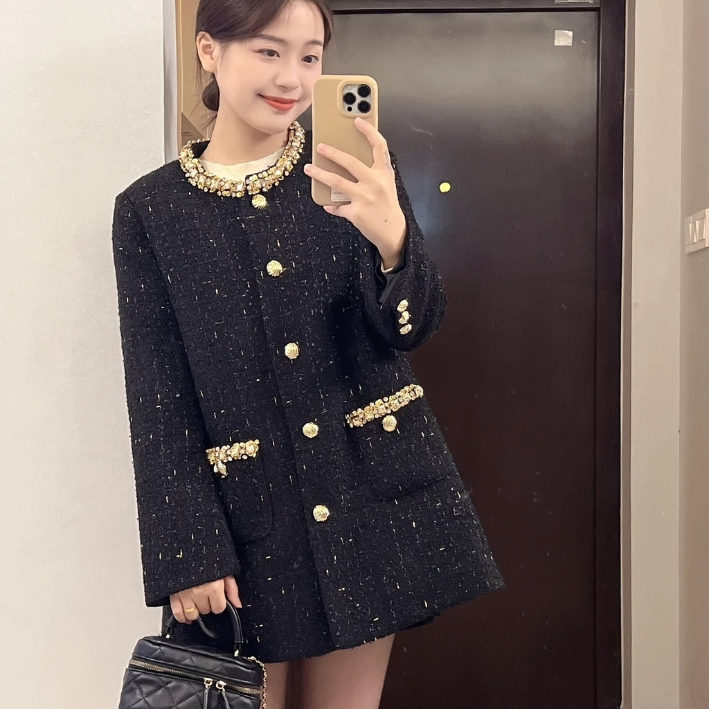 Women'S Elegant French-Inspired Beaded-Embellished Coat - Long Sleeve, Button-Up Front, Mid-Length, Solid Color, Perfect for Fall\u002FWinter, Casual to Formal Wear, Casual Winter Wear | Frenchinspired Coat | Coat