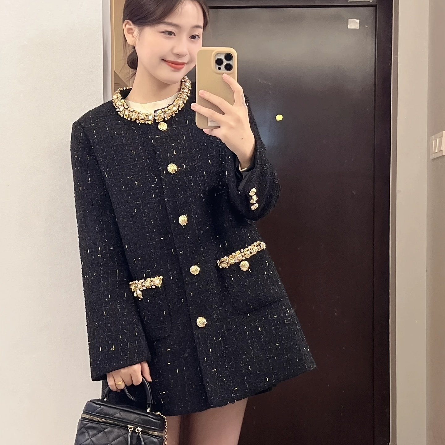 Women'S Elegant French-Inspired Beaded-Embellished Coat - Long Sleeve, Button-Up Front, Mid-Length, Solid Color, Perfect for Fall\u002FWinter, Casual to Formal Wear, Casual Winter Wear | Frenchinspired Coat | Coat