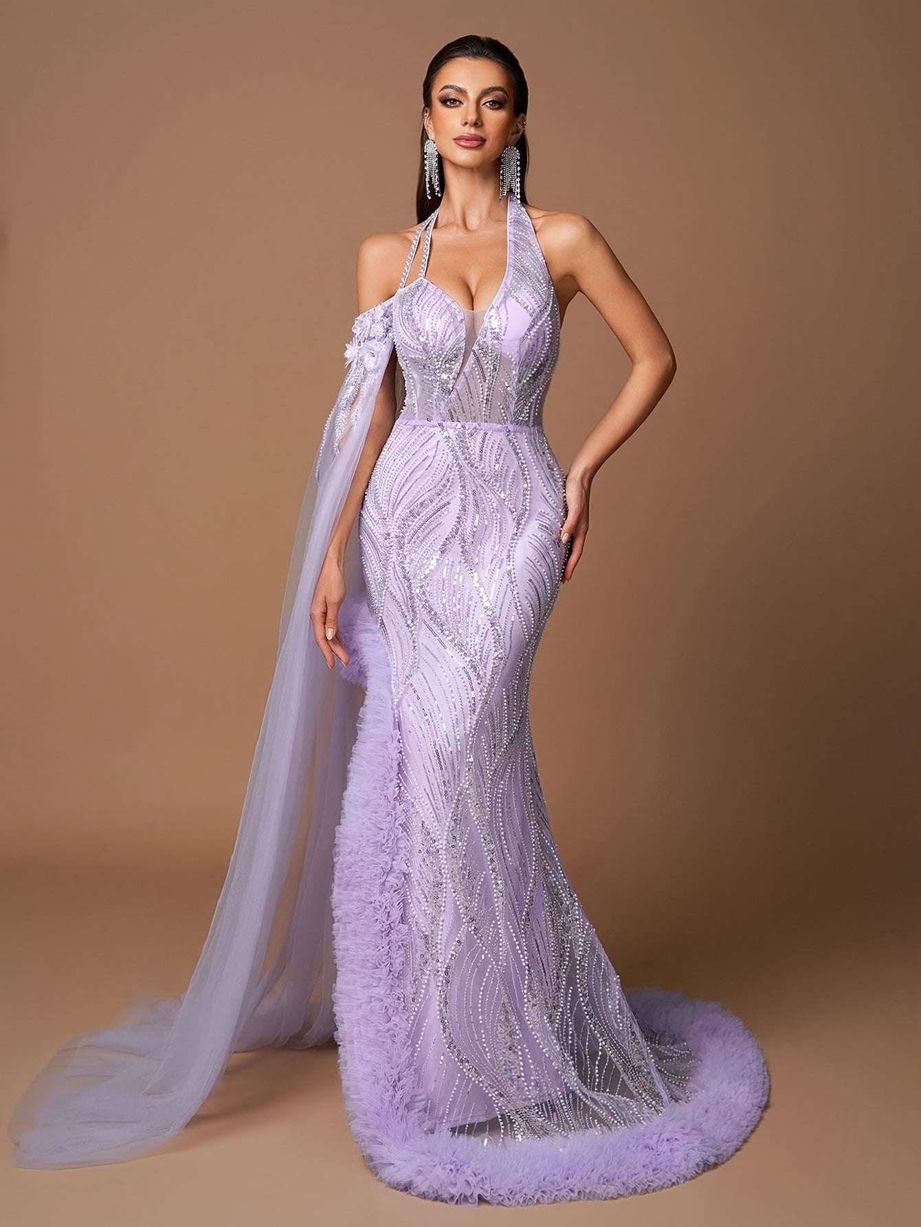 Elegant Lavender Halter Neck Evening Gown for Women | Deep V-Neck with Sequin Detail | Ruffled Lace-Up Bodice & High-Low Hem | Sheer Mesh Sleeves | Perfect for Formal Events