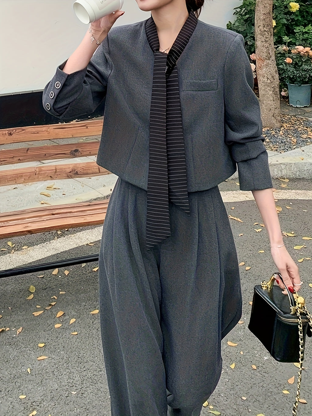 Women'S Two-Piece Autumn\Winter Elegant Commuter Suit Set - High-Waisted Wide-Leg Pants, No-Collar Short Jacket, Solid Color, Casual Style, Perfect for Fall\u002FWinter, Casual Attire|Elegant Commuter Suit|Wideleg Pants, Ladies Pantsuit