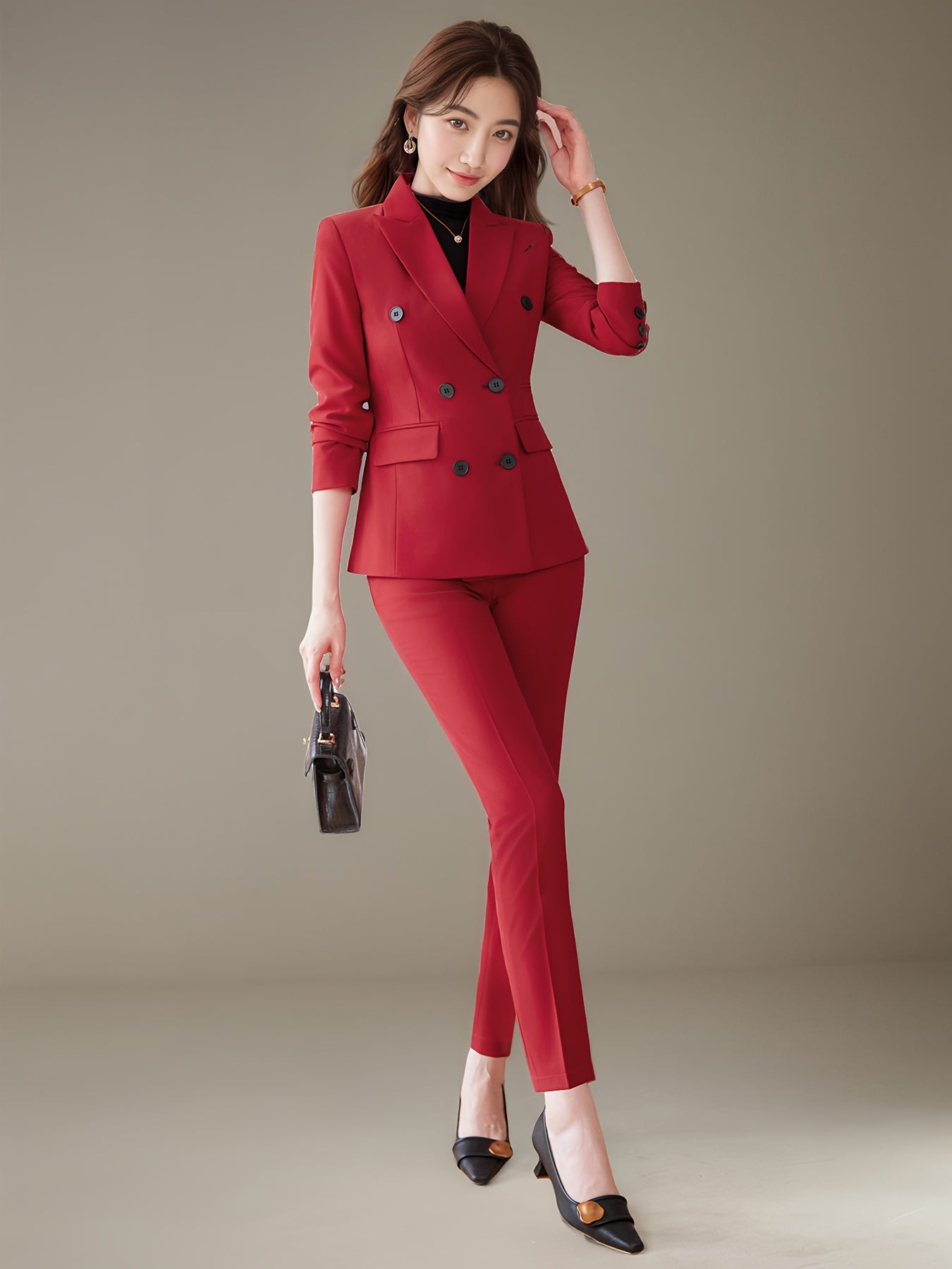 Fashionable and Simple Commuter Women's Suit Set with Double-Breasted Elegant Slim-Fit High-End Suit Pants Two-Piece Set