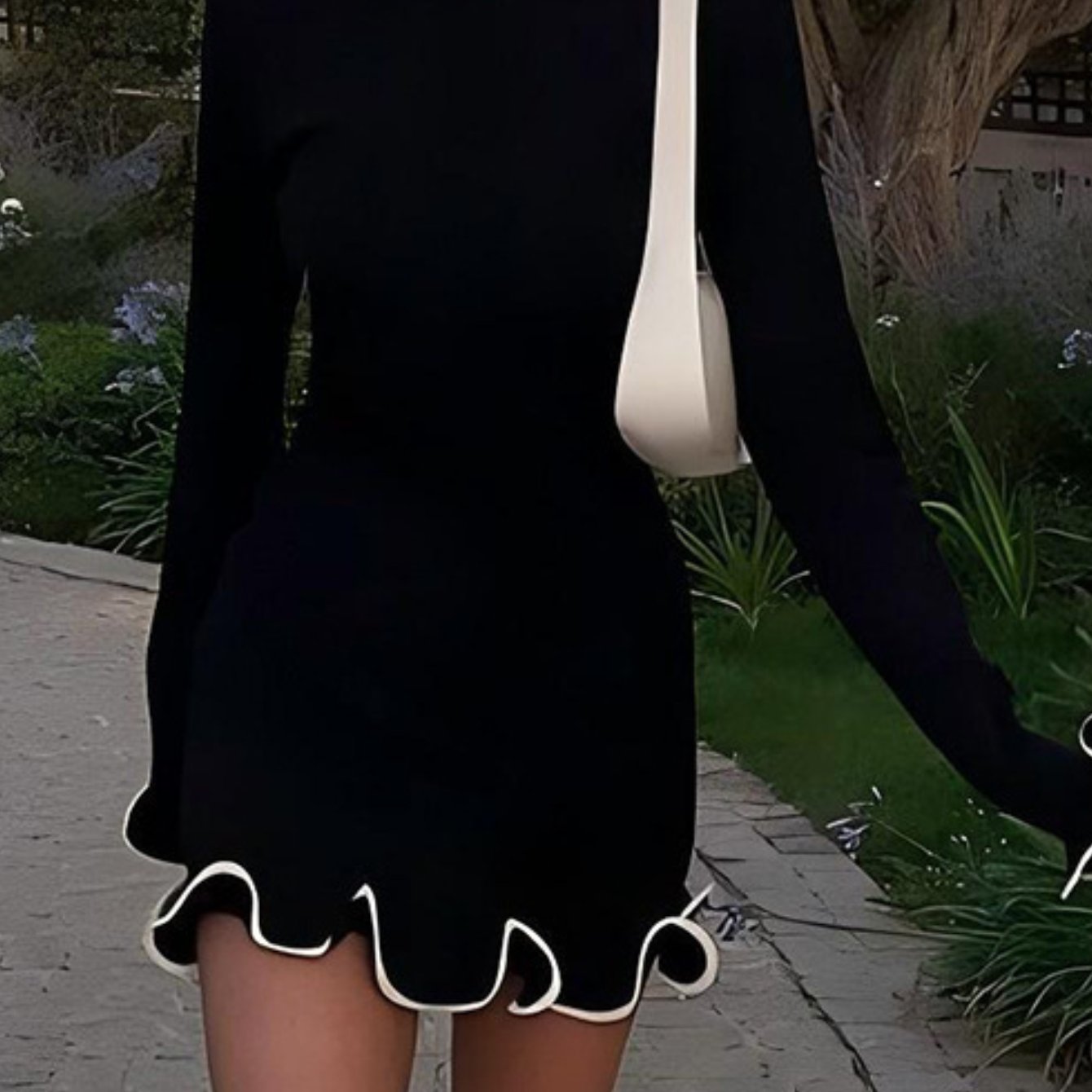 Women's Elegant Off-the-Shoulder Mini Dress with Lotus Leaf Hem & White Collar Trim - Fitted A-Line Party Wedding Guest Dress, Hand Washable Winter Outfits (Black &) - No- Solid Color Block Dress for Daily Wear