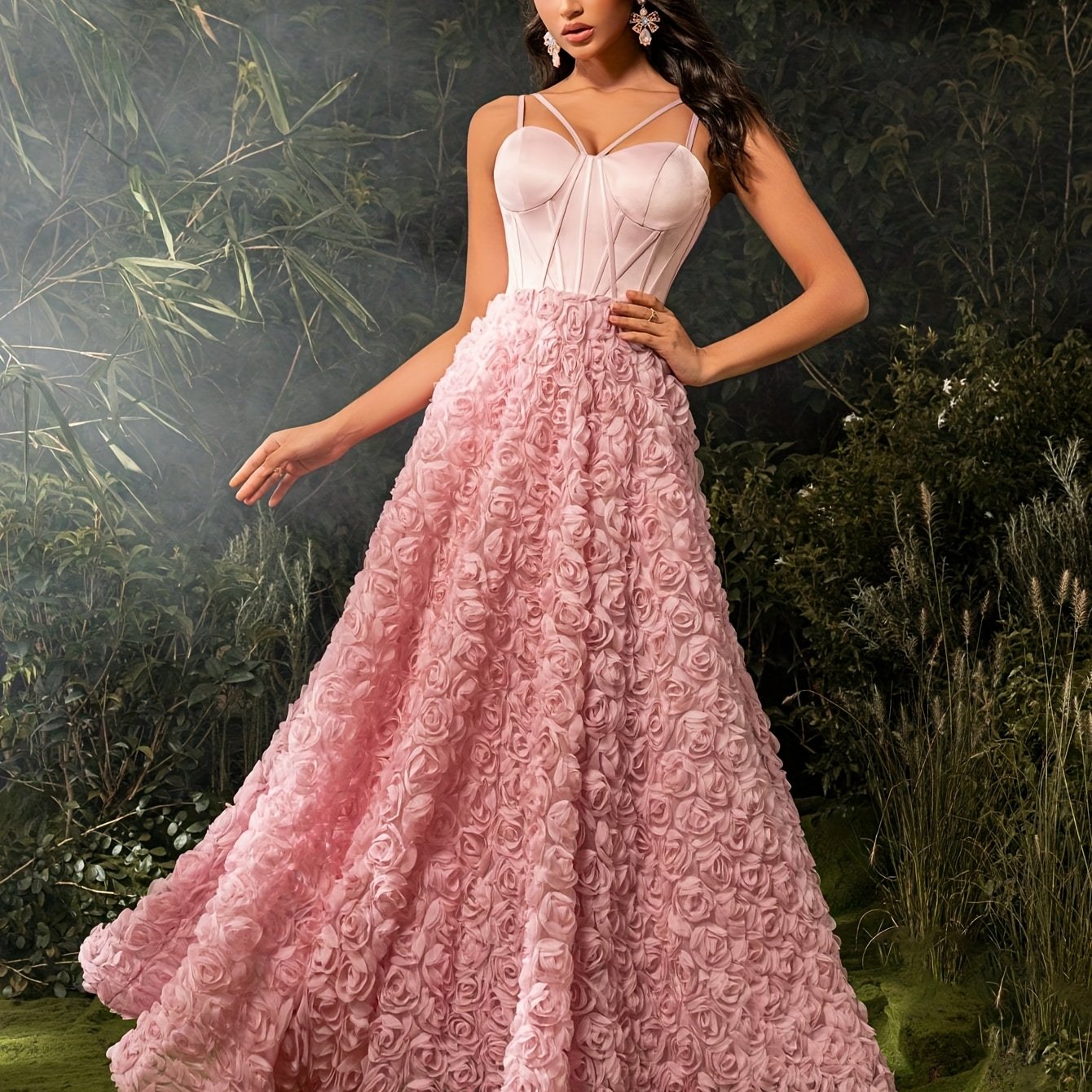 Elegant Off-Shoulder Floral Maxi Dress with Fishbone Waist Detail - Pink Rose Design, Sleeveless, Floor-Length, Perfect for Weddings & Formal Events, Wedding Guest Attire | Floral Print Dress | Polyester Fabric