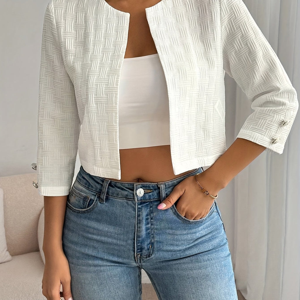 Women's Elegant Retro White Jacket - Casual Chic Cropped Three-Quarter Sleeve Open Front Blazer, Solid Color All-Season Versatile Outerwear, Stylish Layering, Sophisticated Tailoring