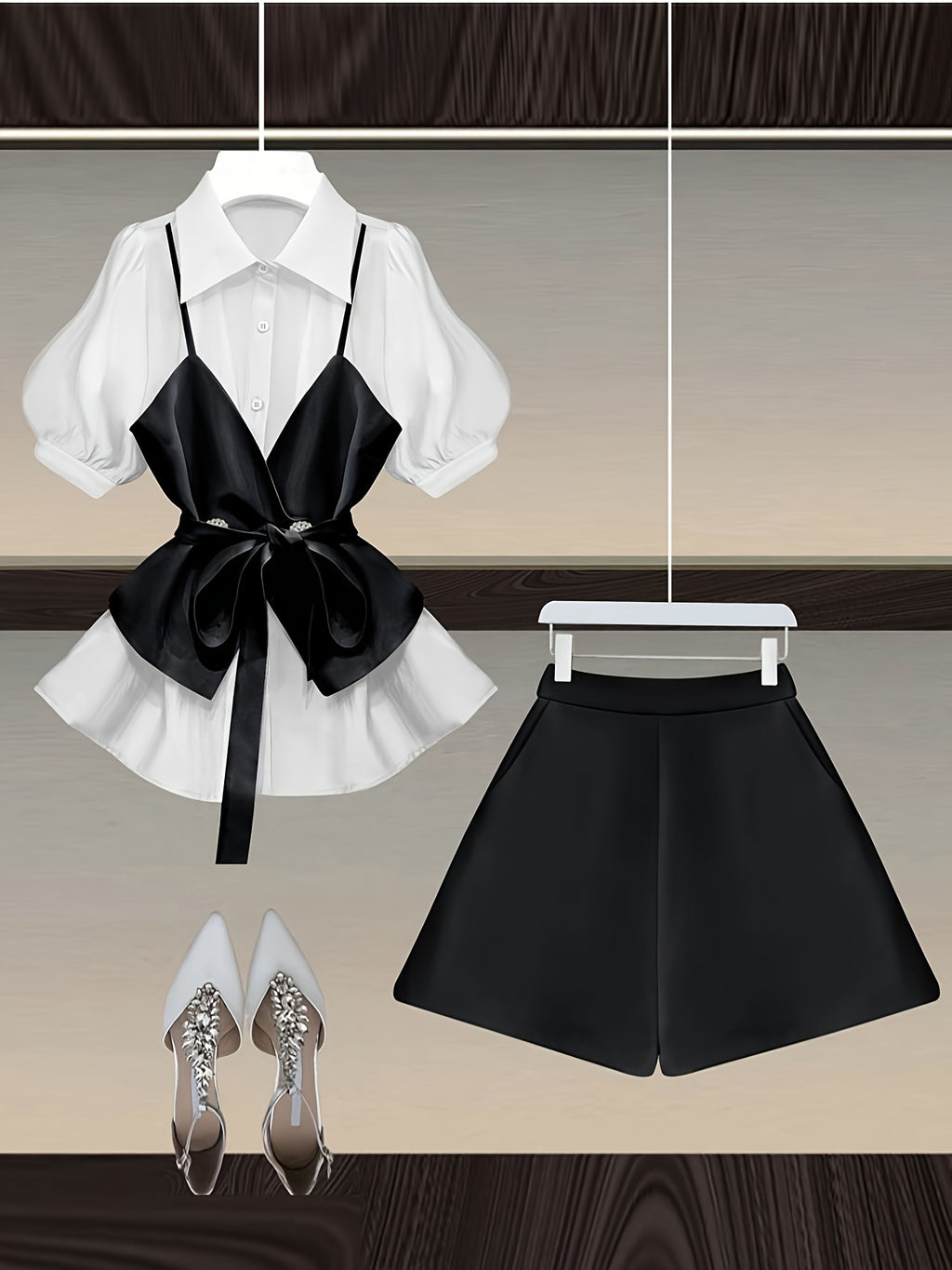 Office Ladies Elegant 2pcs Set For Women Summer Outfits 2025 Fashion Black Vest Patchwork White Polo Collar Shirts+shorts Sets Female Chic Overalls Women Summer Clothes