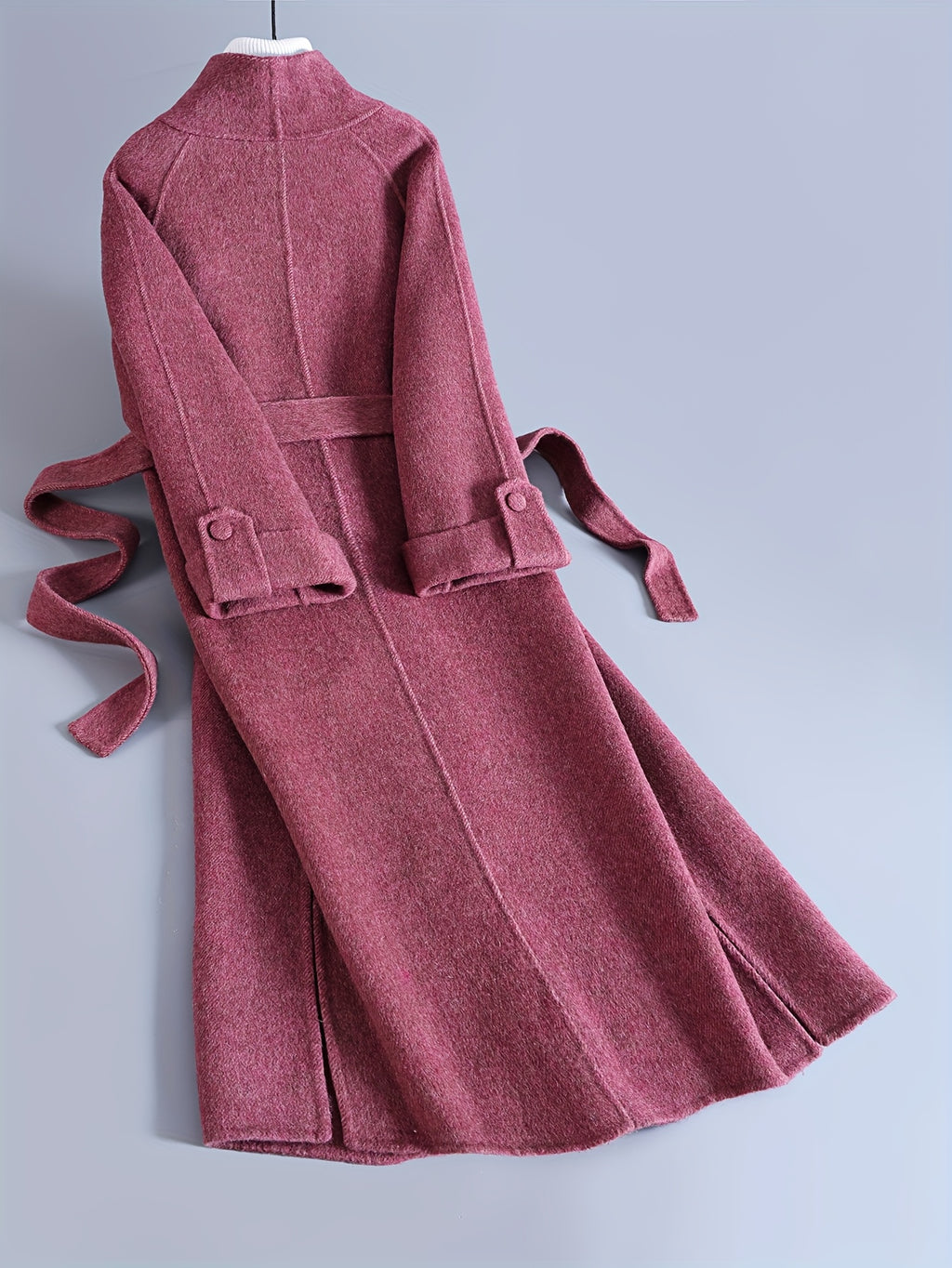 Fashionable Eye-Catching Rose Pink Luxury Wool Wrap Coat with Large Asymmetrical Collar and Tie for Women, Long Autumn\u002FWinter Outerwear for Daily Commute