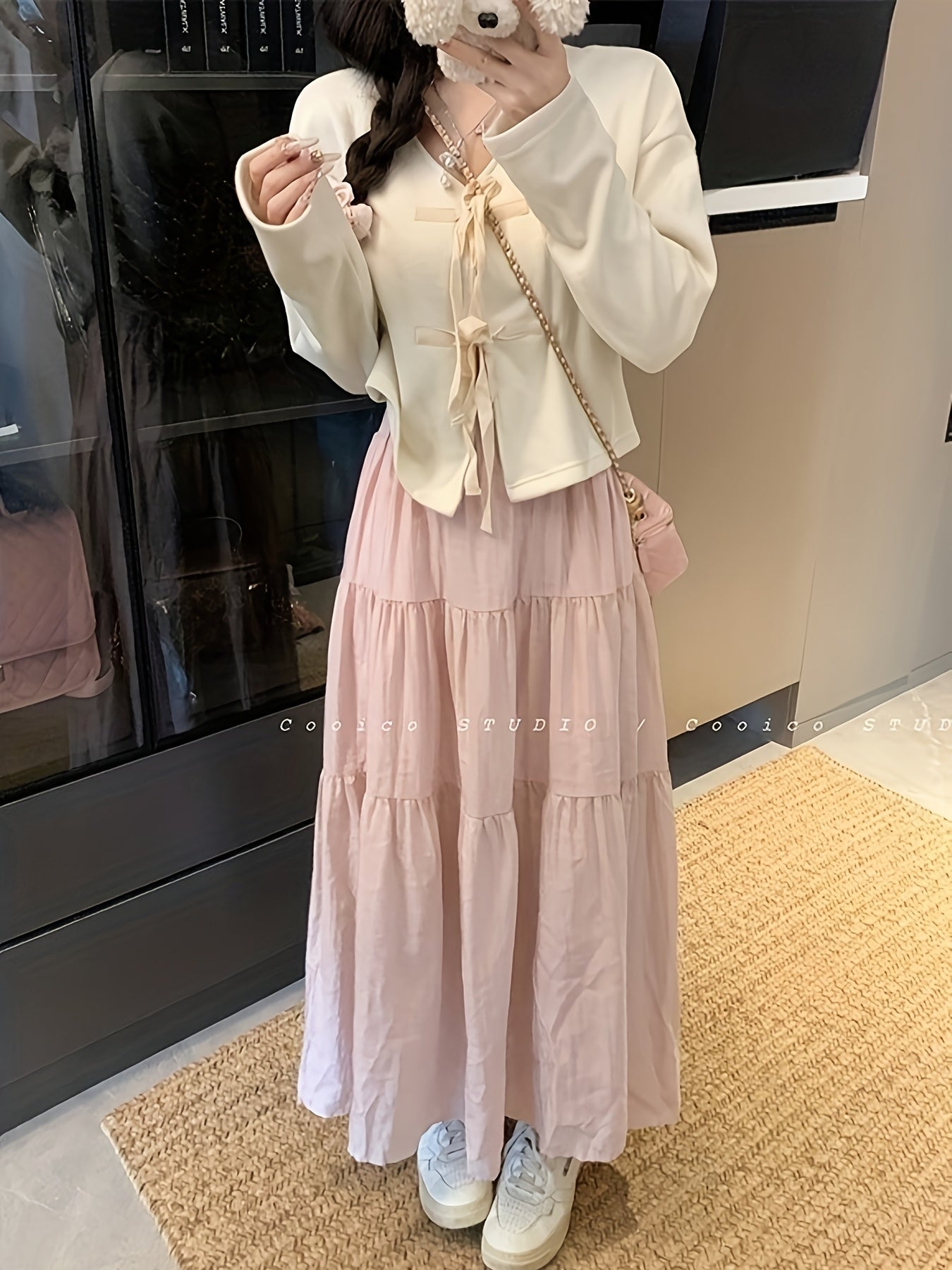 Women'S Casual Sweet Style Beige Cardigan with Bow Tie Detail - V-Neck, Long Sleeve, Button-Up Front, Ruffled Hem, Perfect for Spring & Fall, Casual Wear Cardigan | Vneck Cardigan | Construction