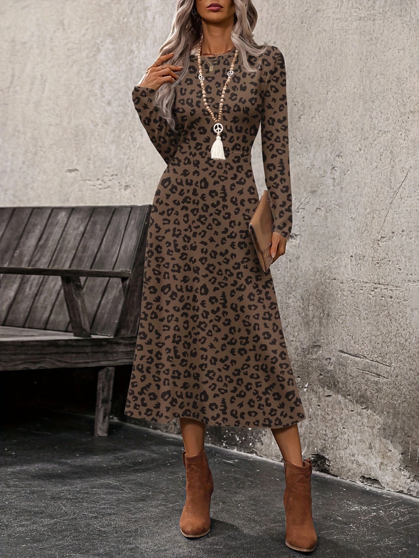 Women'S Elegant Leopard Print Maxi Dress - Long Sleeve A-Line Formal & Everyday Outfit, Flared Hem, Fall\u002FWinter Wardrobe Essential for Parties, Office