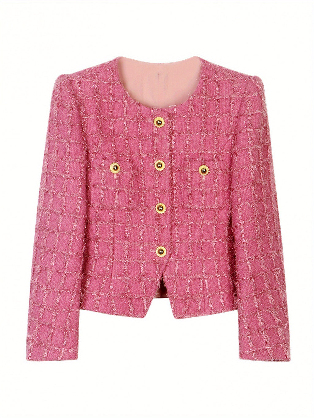 Spring and Autumn DirectionNew Set Sakura Pink Tweed Long Sleeve Plaid Jacket+ Skirt Two-piece Set Set 28613