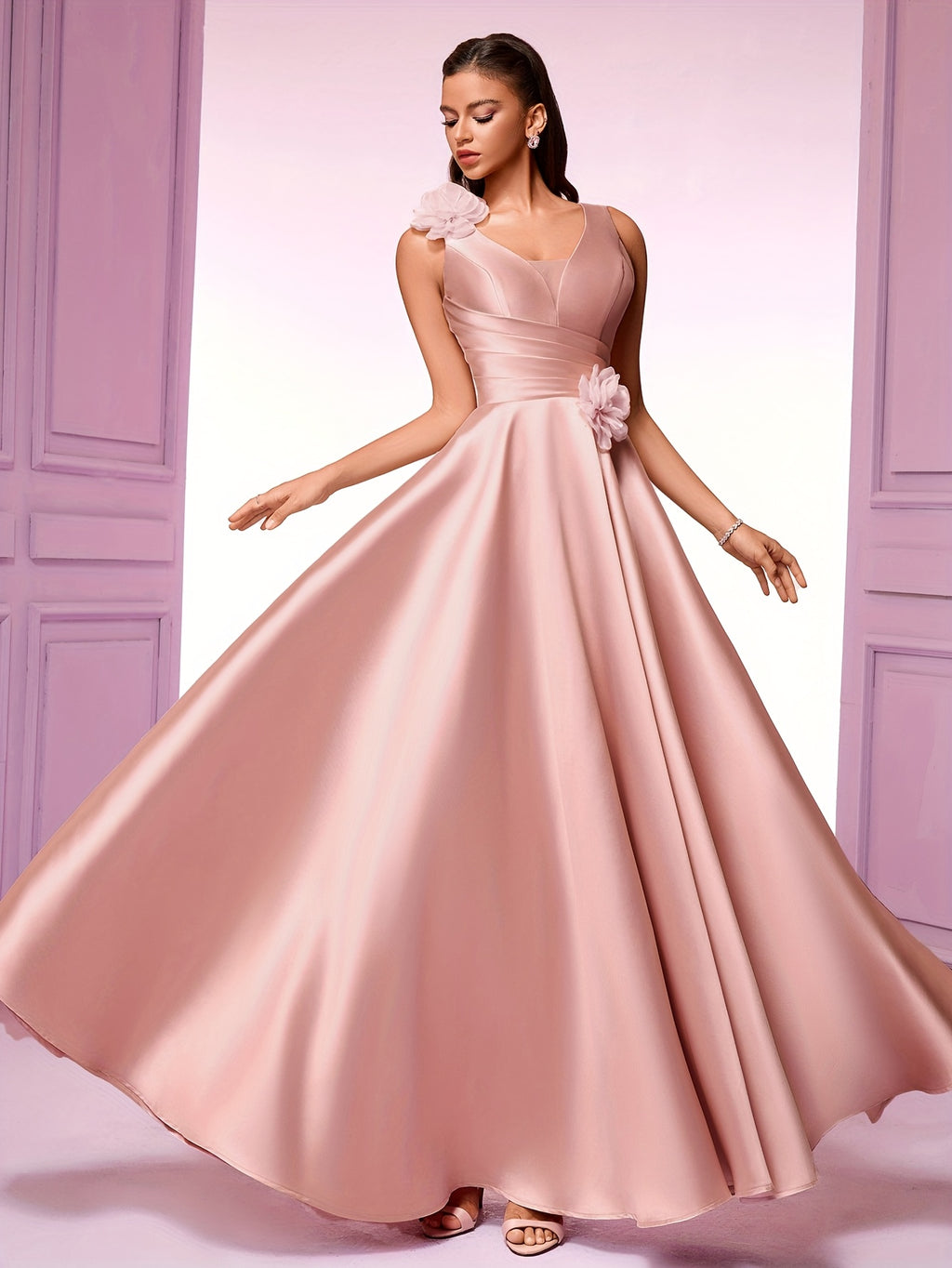 Elegant Women'S Sleeveless V-Neck Gown with Floral Waist Detail - High Waist, Flowing Silhouette, Perfect for Parties, Galas, and Formal Events, High Waist Gown