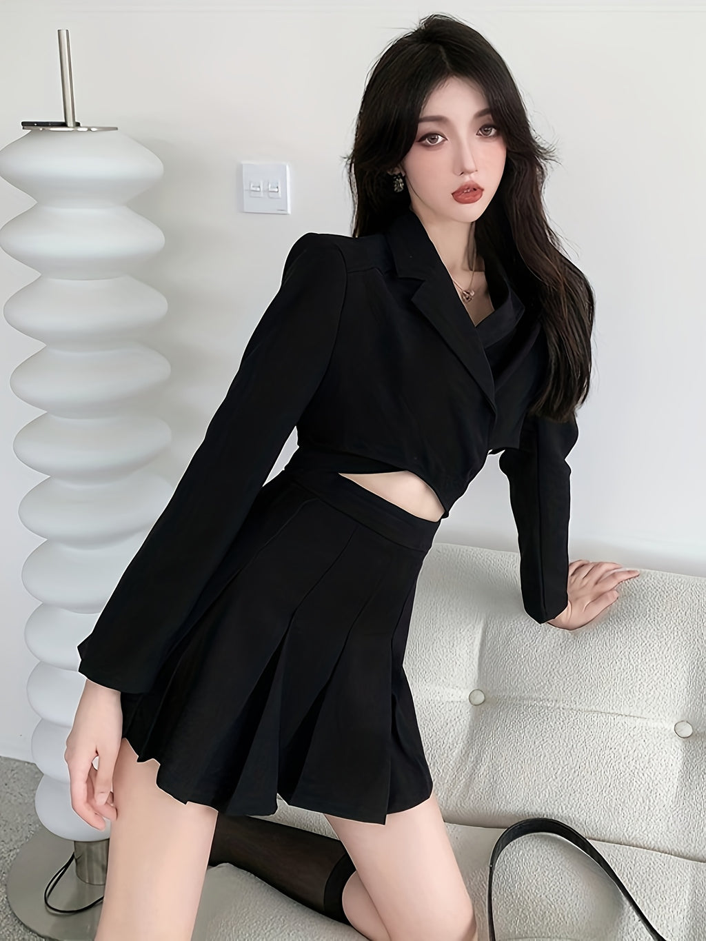 Women'S Elegant Black Long Sleeve Blazer & Pleated Skirt Set - V-Neck, Cropped Blazer with Cut-Out Detail, High-Waisted Skirt, Non-Stretch Fabric, Perfect for Spring\u002FFall, Office or Casual Wear, Versatile Fashion | Vneck Blazer | Nonstretch Fabric