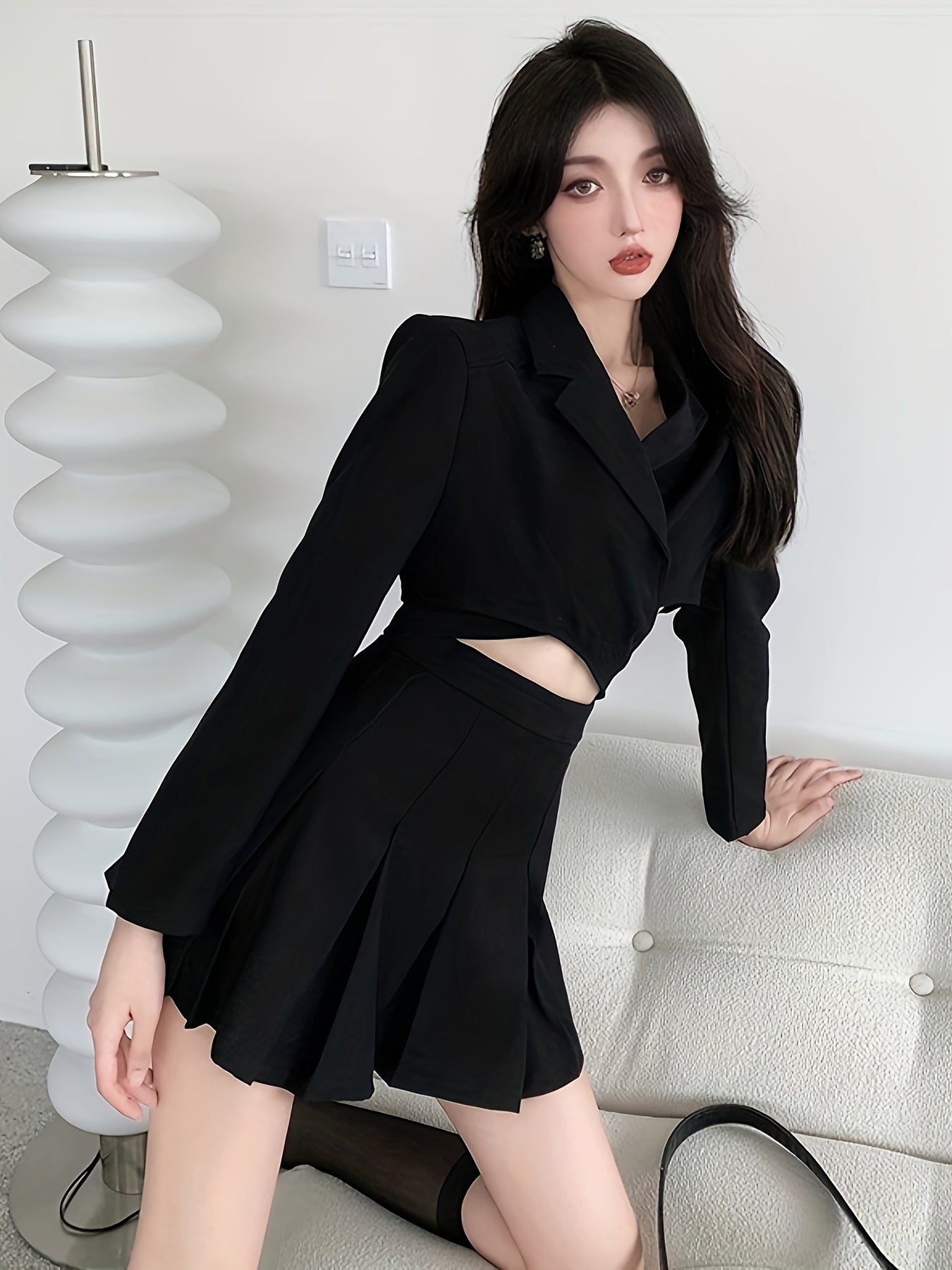 Women'S Elegant Black Long Sleeve Blazer & Pleated Skirt Set - V-Neck, Cropped Blazer with Cut-Out Detail, High-Waisted Skirt, Non-Stretch Fabric, Perfect for Spring\u002FFall, Office or Casual Wear, Versatile Fashion | Vneck Blazer | Nonstretch Fabric