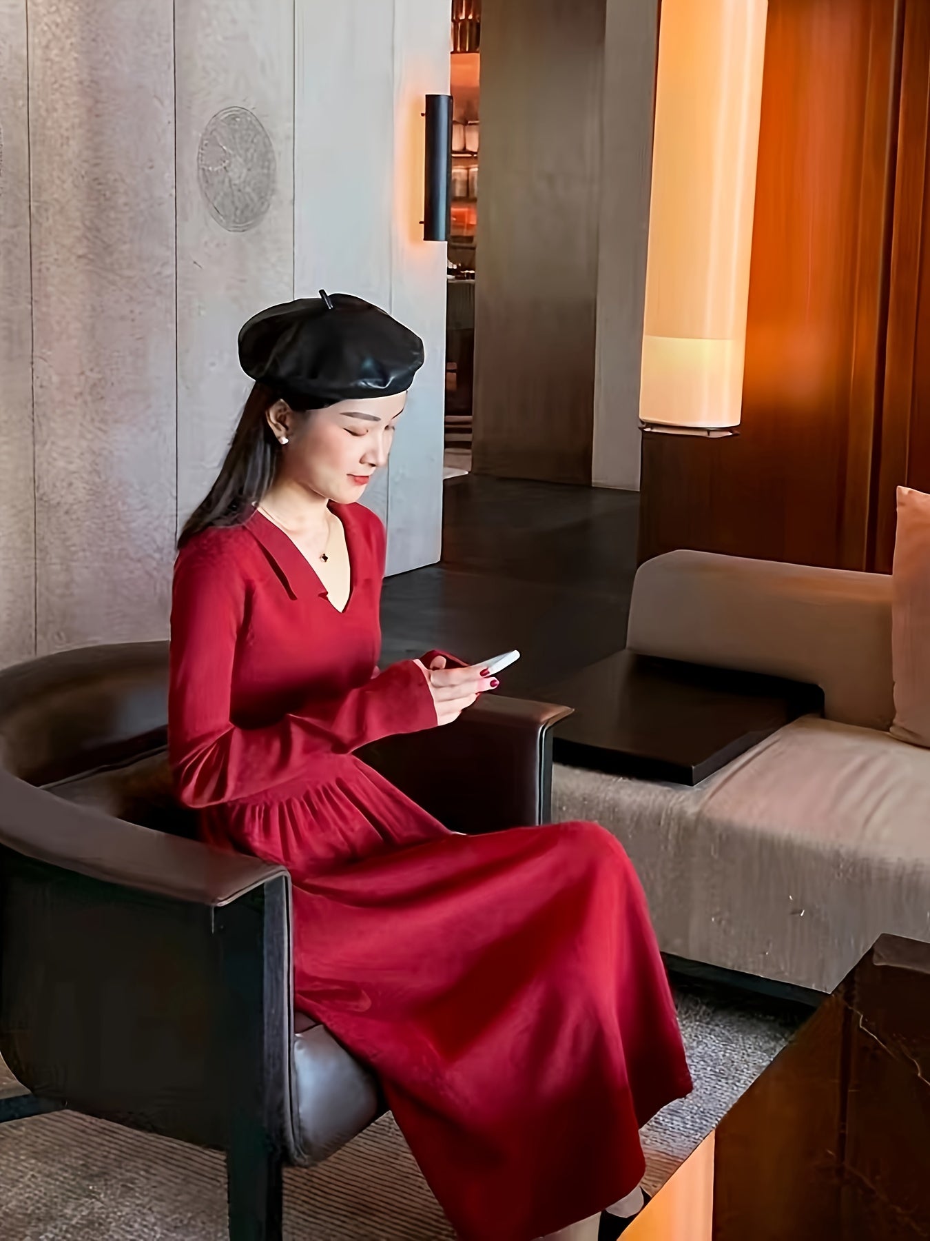 Elegant Red Dress - Long Sleeve, V-Neck, Ruched Waist, Black Beret | Polyester, Fall Winter Attire, Stylish Layering Piece